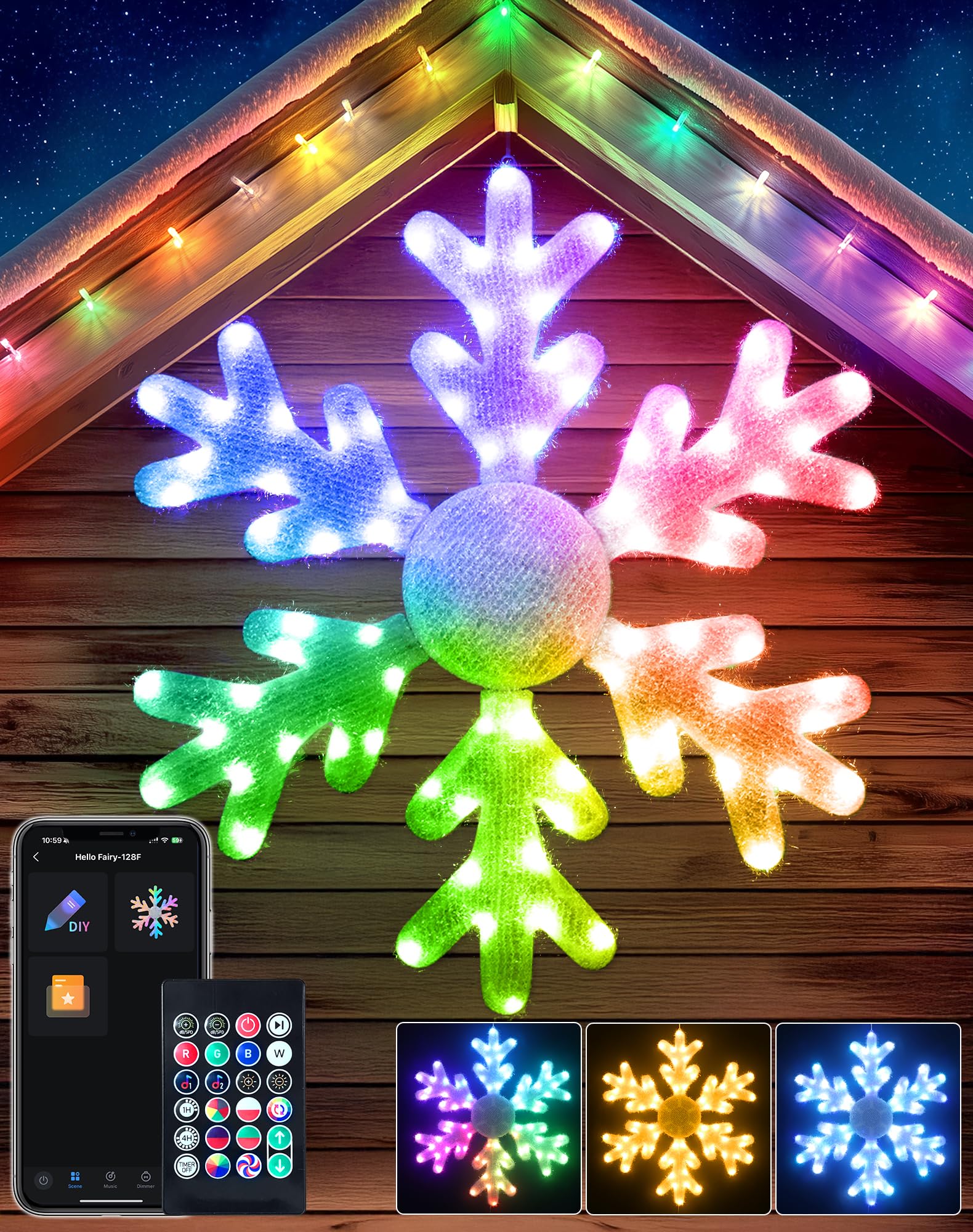 32 Smart LED Snowflake Christmas Lights Outdoor, DIY Color Changing Big Folding Plug in Window Hanging Lights Music Sync Chasing