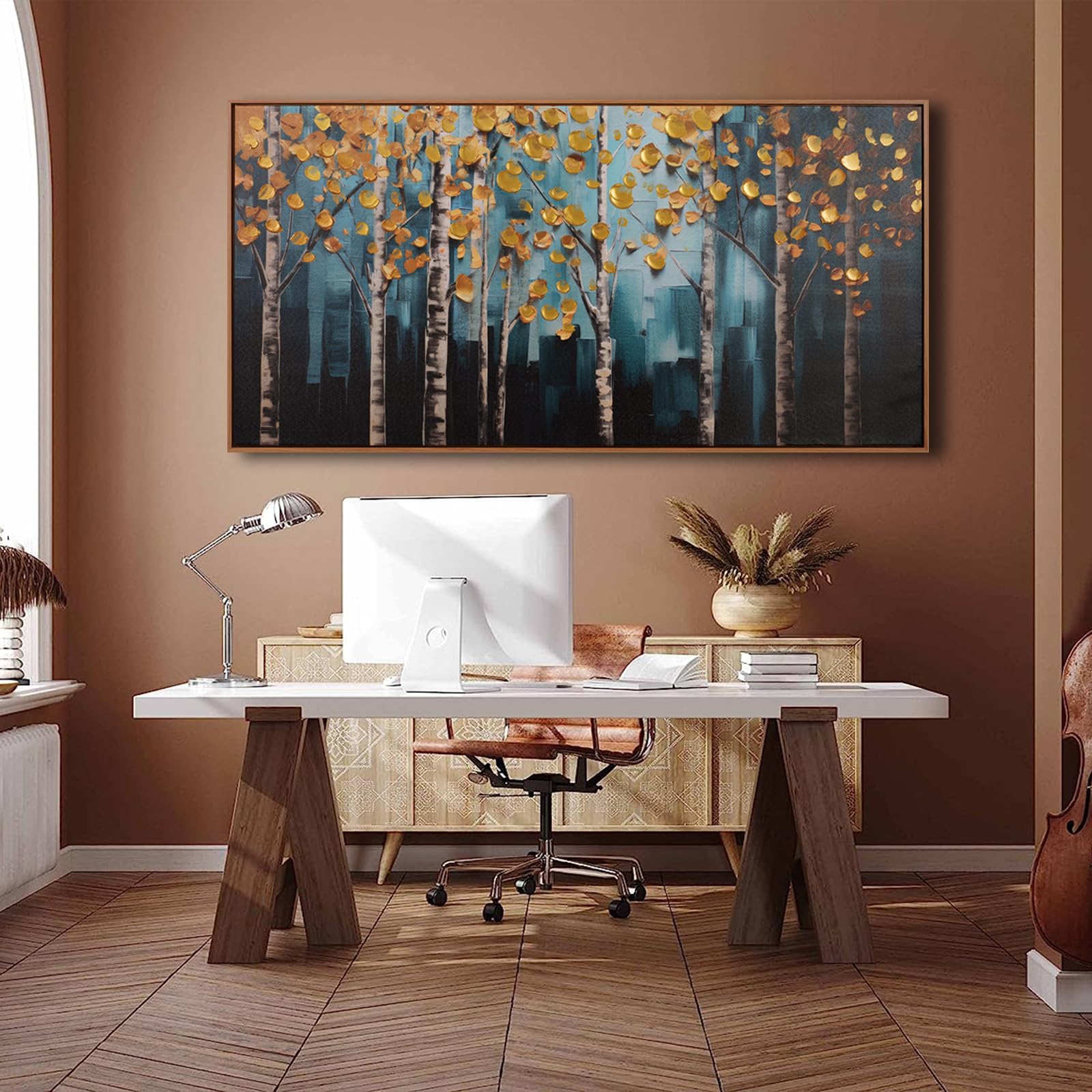 Framed Wall Art Golden Autumn Scene Nature Decor Canvas Print Gold Abstract Tree Painting Picture Artwork Framed For Living Room