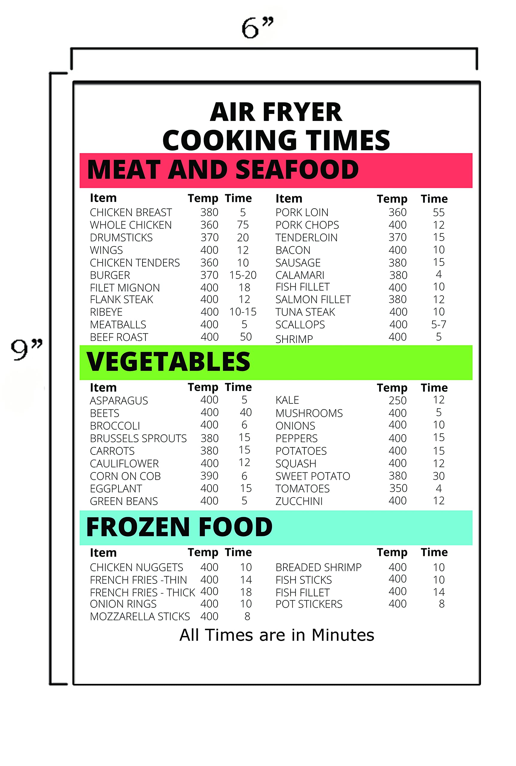 Measurement Kitchen Conversion Magnet Sign - Cooking Chart 6X9 In. Air Fryer Cooking Times And Temperature 3 Lines