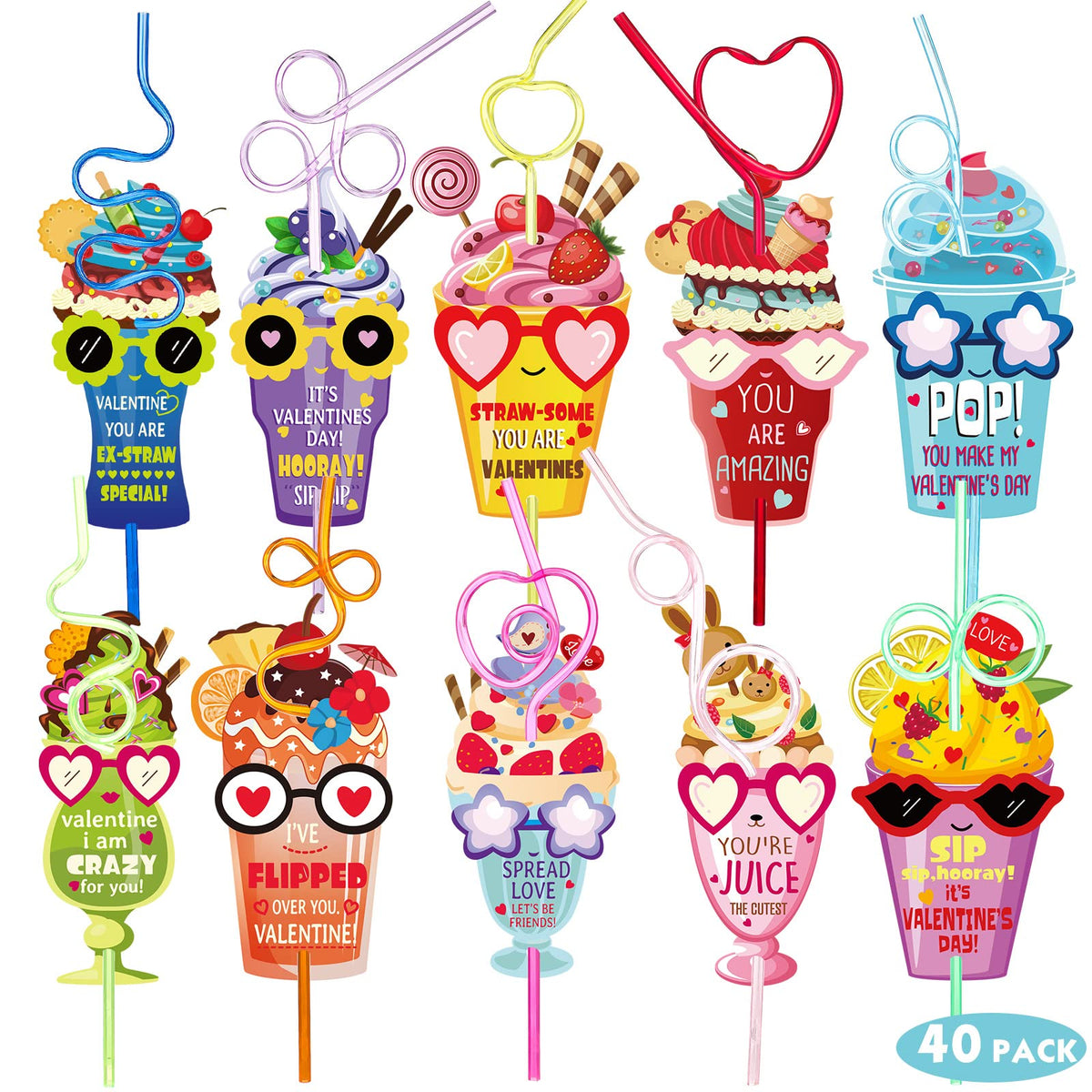 Ferraycle Valentines Day Gifts For Kids 40 Sets Valentines Day Crazy Straws With Cards Classroom Toddlers Girls Boys School Clas