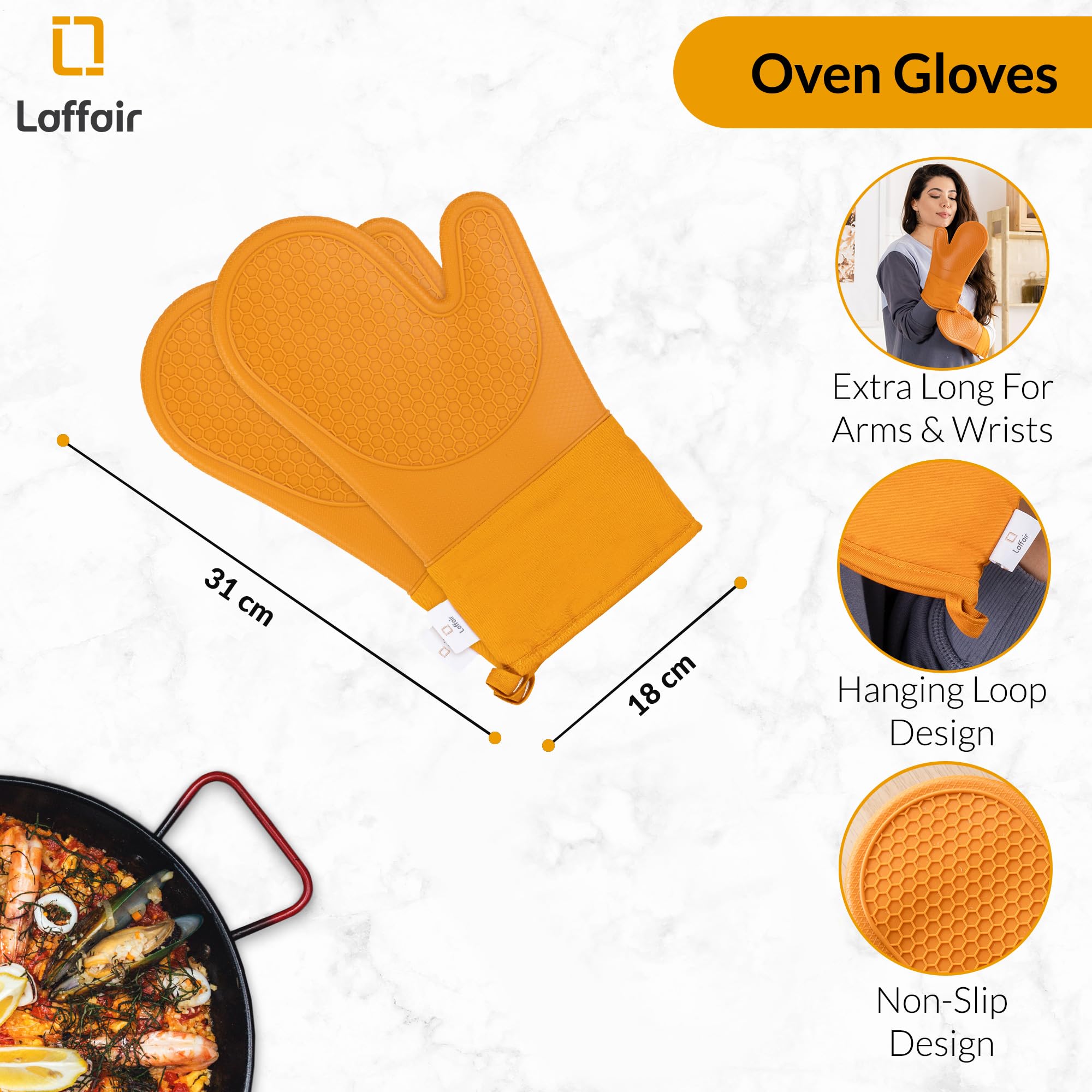 Silicone Oven Gloves Heat Resistant By Laffair - Orange Oven Gloves Silicone Oven Mitts Heat Resistant - Premium Non-Slip Design