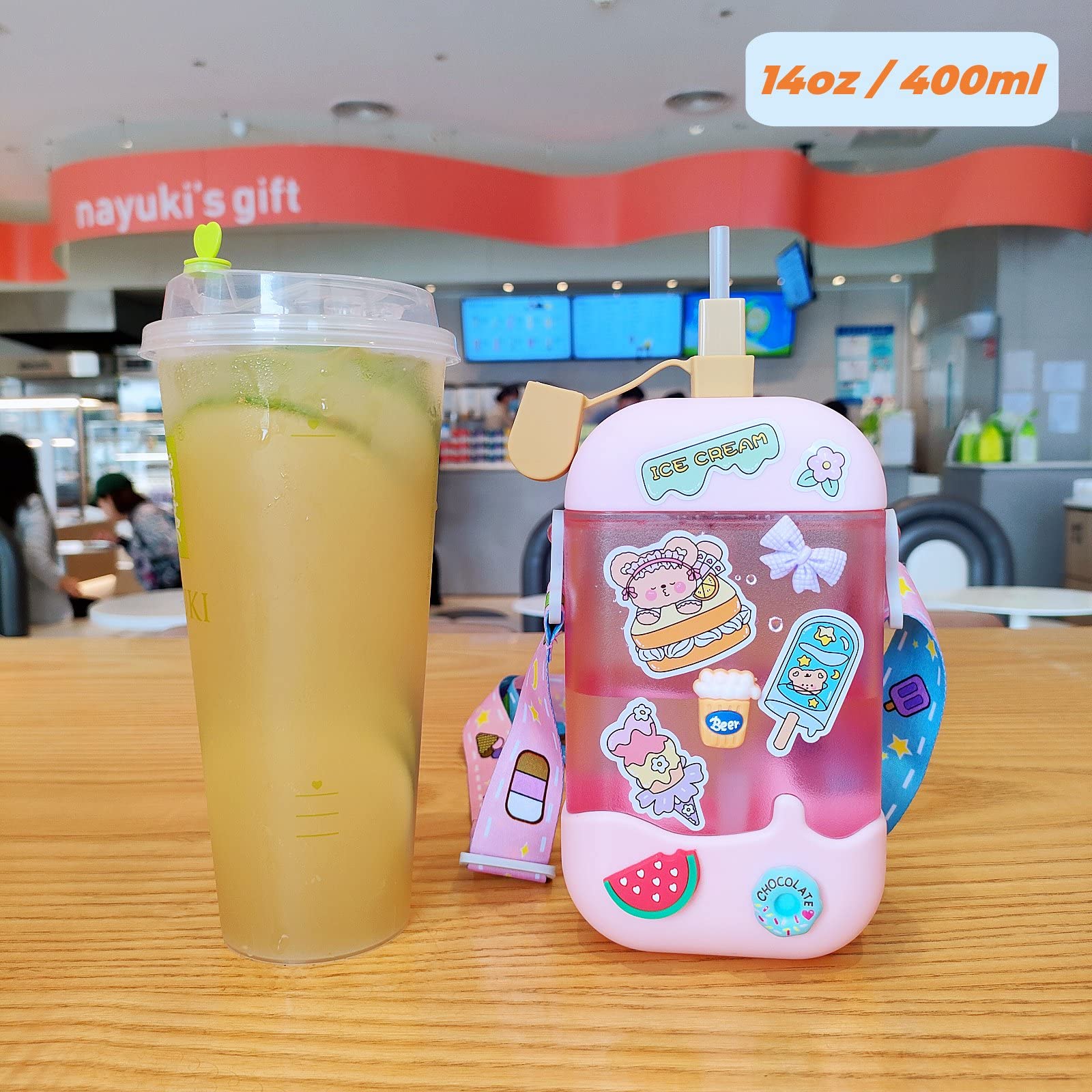 GMKD Kawaii Ice Cream Water Bottle, 14 oz BPA-Free, Pink with Straw & Adjustable Strap, Cute Popsicle Cup for Kids