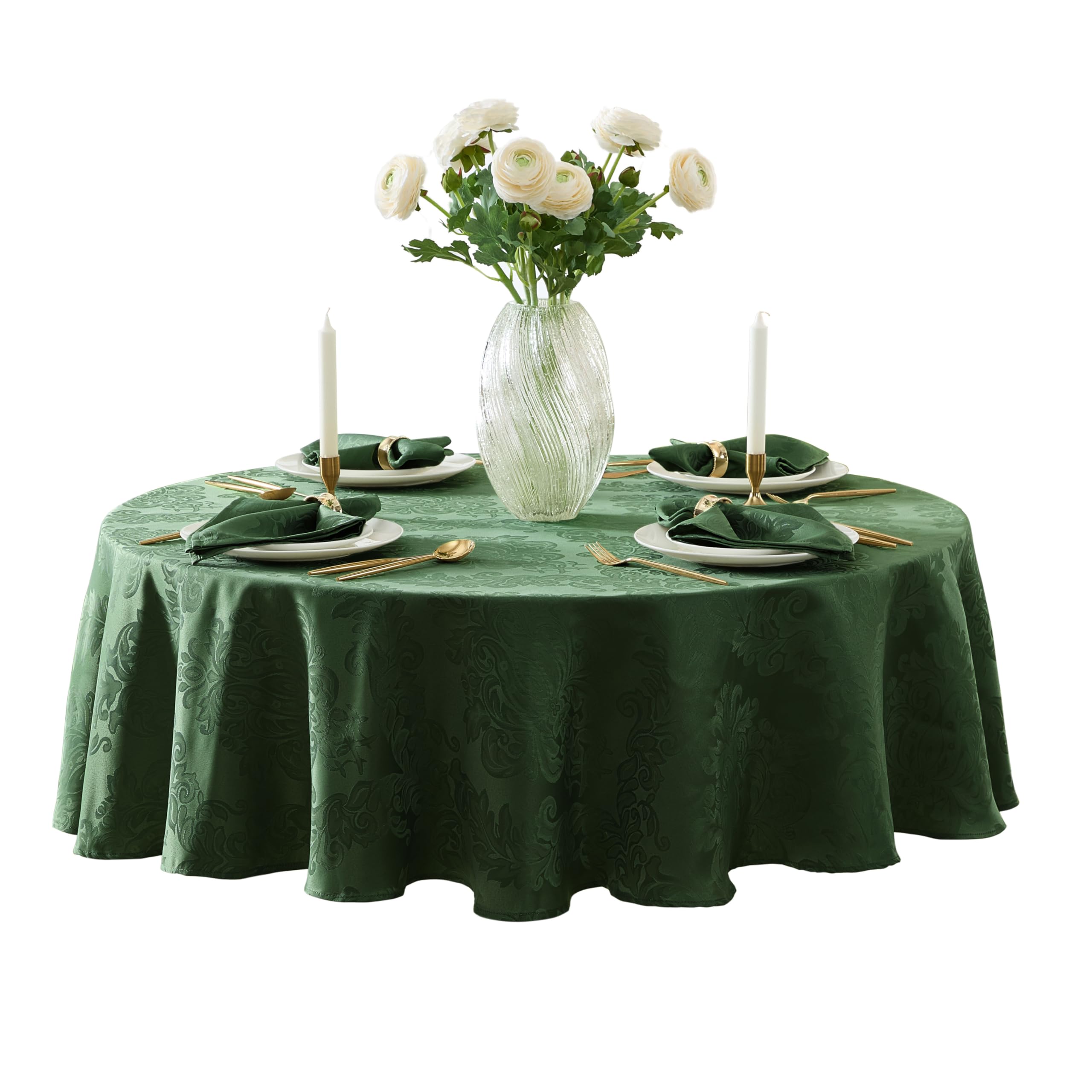 Newbridge Barcelona Damask Fabric Tablecloth, 90 Inch Round, Hunter Green - No Iron, Soil Resistant Table Cover for Dining, Part