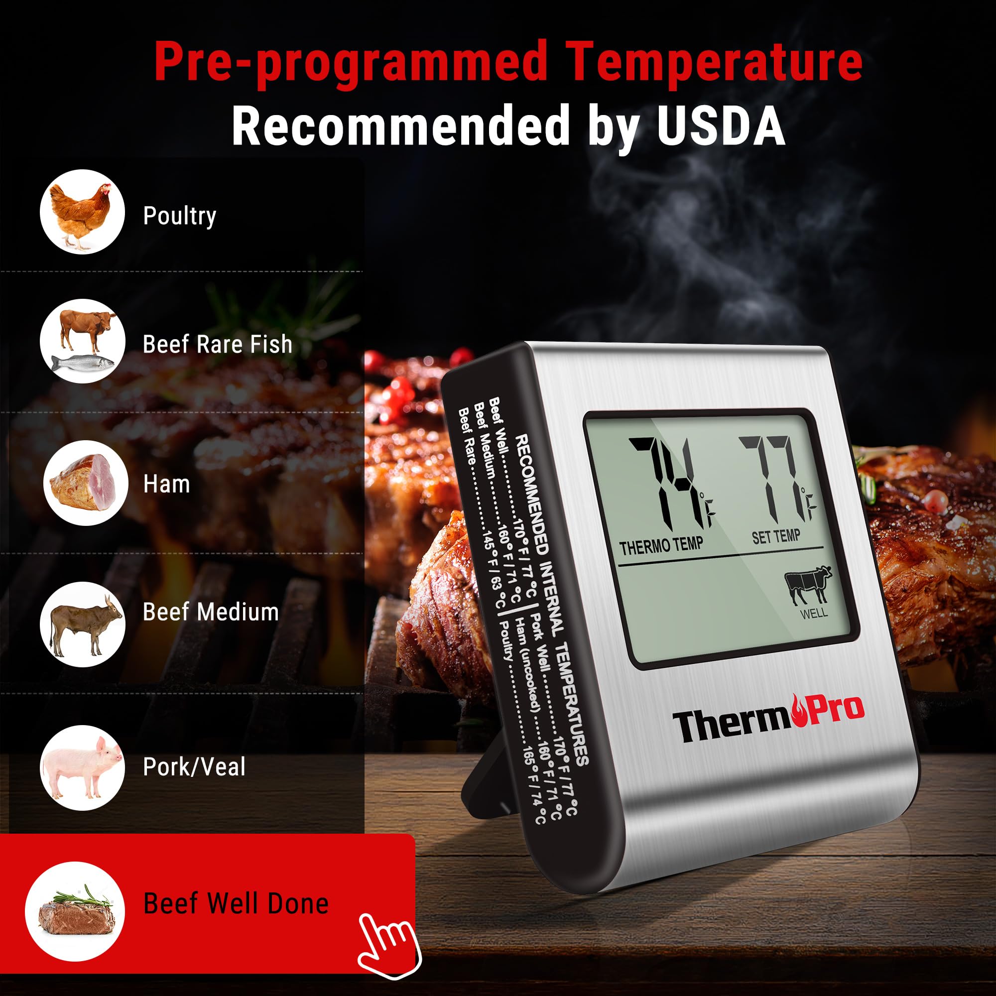 Thermopro Tp16 Large Lcd Digital Cooking Food Meat Thermometer For Smoker Oven Kitchen Bbq Grill Thermometer Clock Timer With St