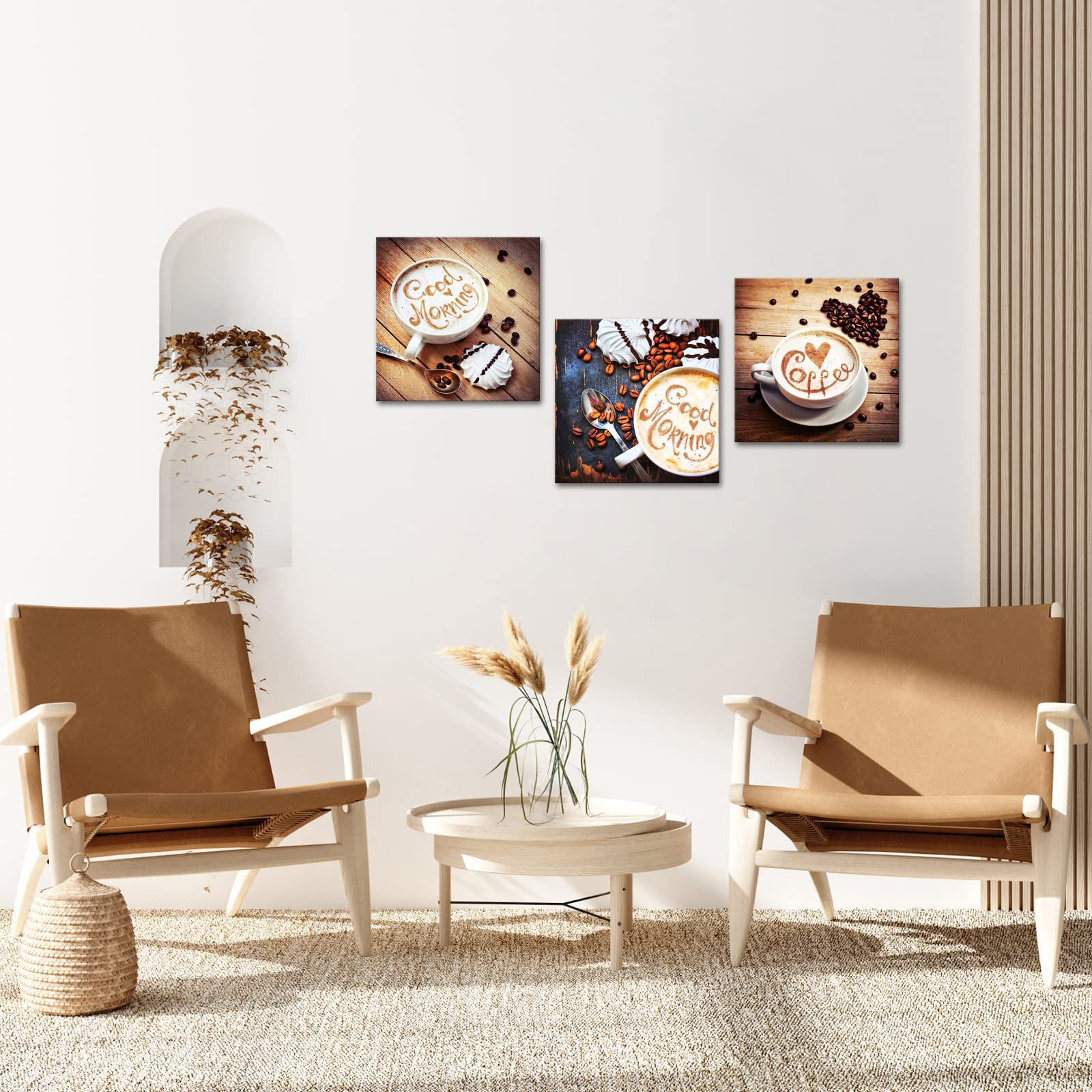 Ilooklike 3 Panels Kitchen Canvas Wall Art Coffee Beans Picture Prints Coffee Cup On Vintage Wooden Table Painting Cappuccino Po