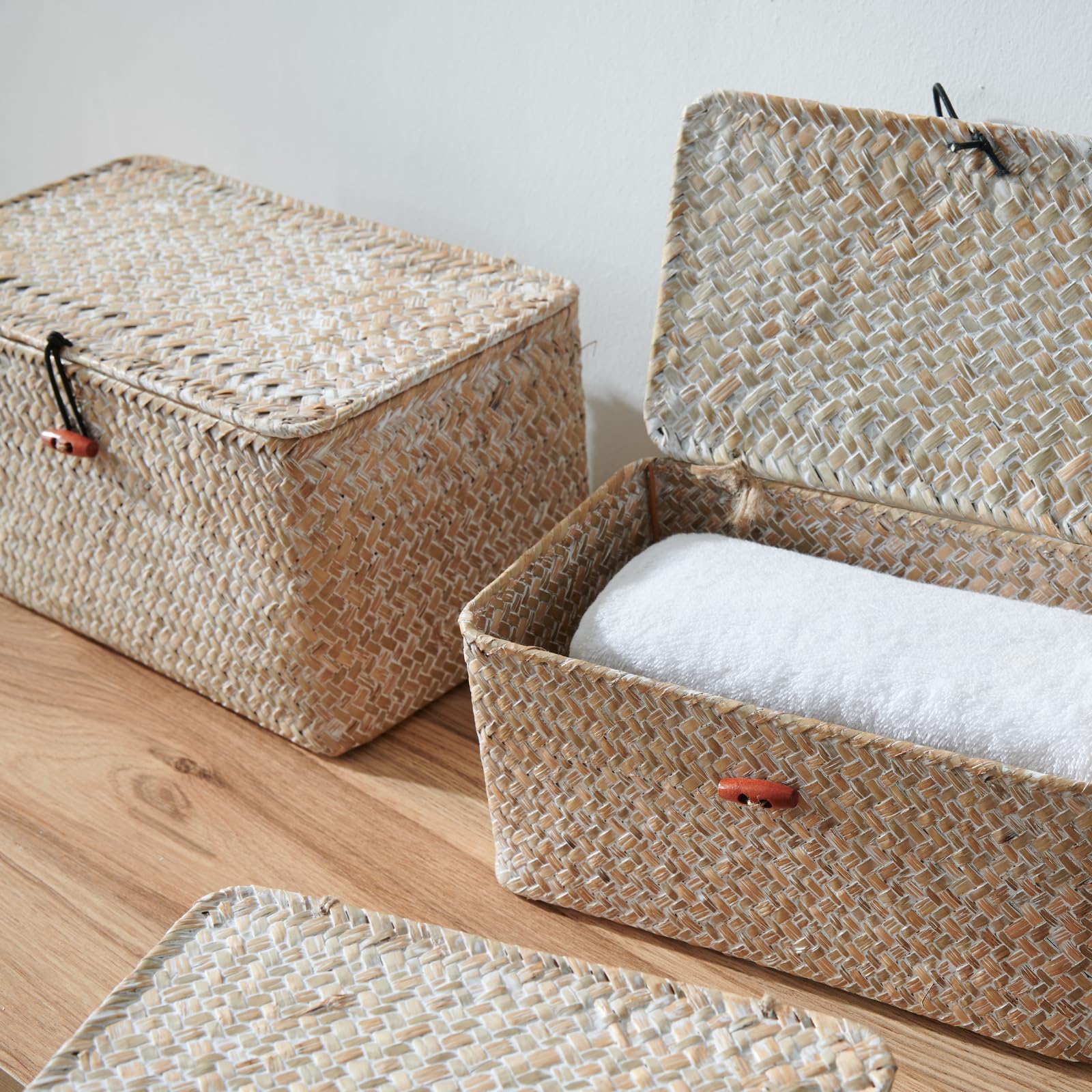 Yangqihome 4 Pack, Wicker Baskets With Lids, Nautral Seagrass Storage Baskets, Wicker Storage Baskets For Organizing, Rustic Rec