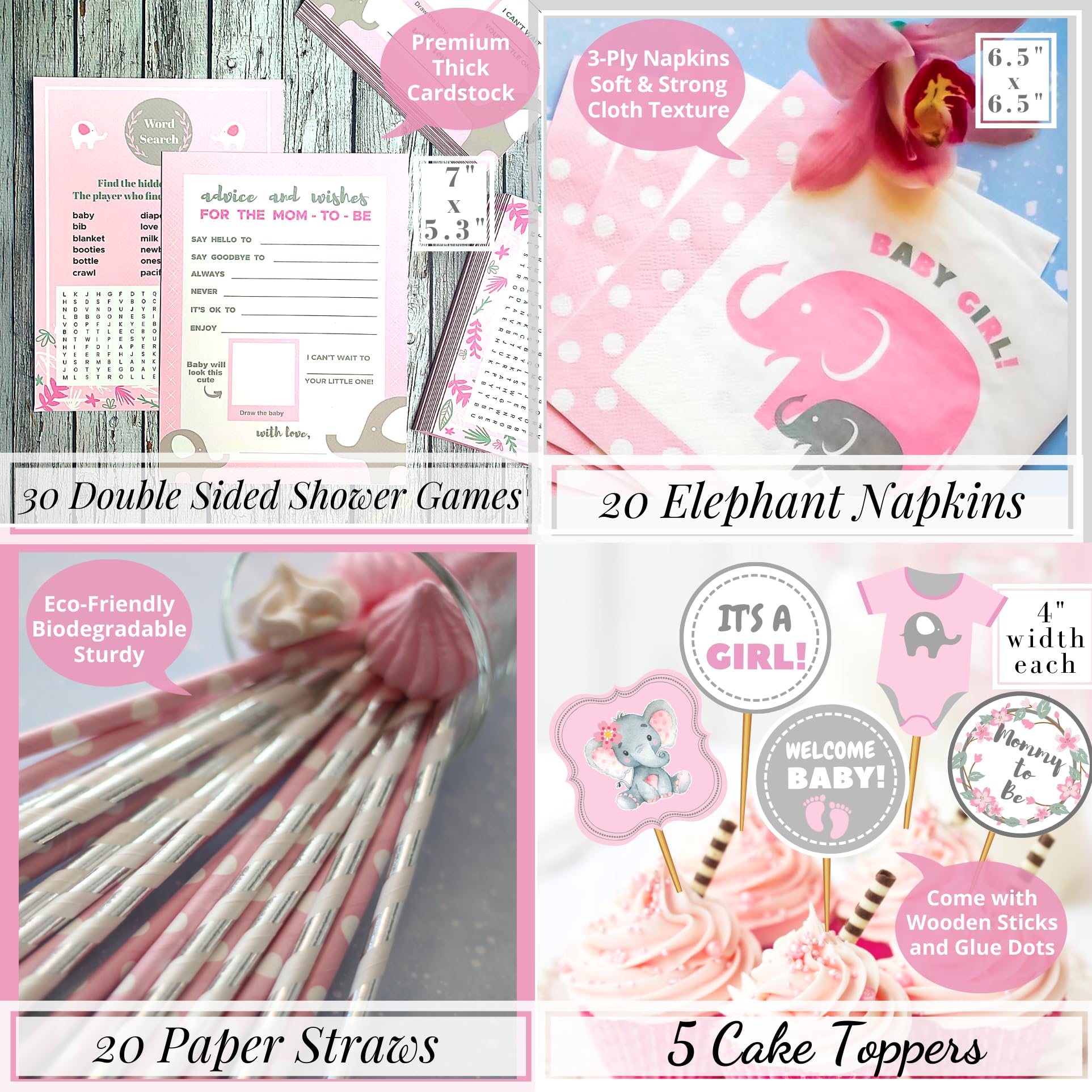 697 Pc Premium Elephant Baby Shower Decorations For Girl Set It'S A Girl Banners, Napkins, Straws, Guest Book, Paper Lanterns, H