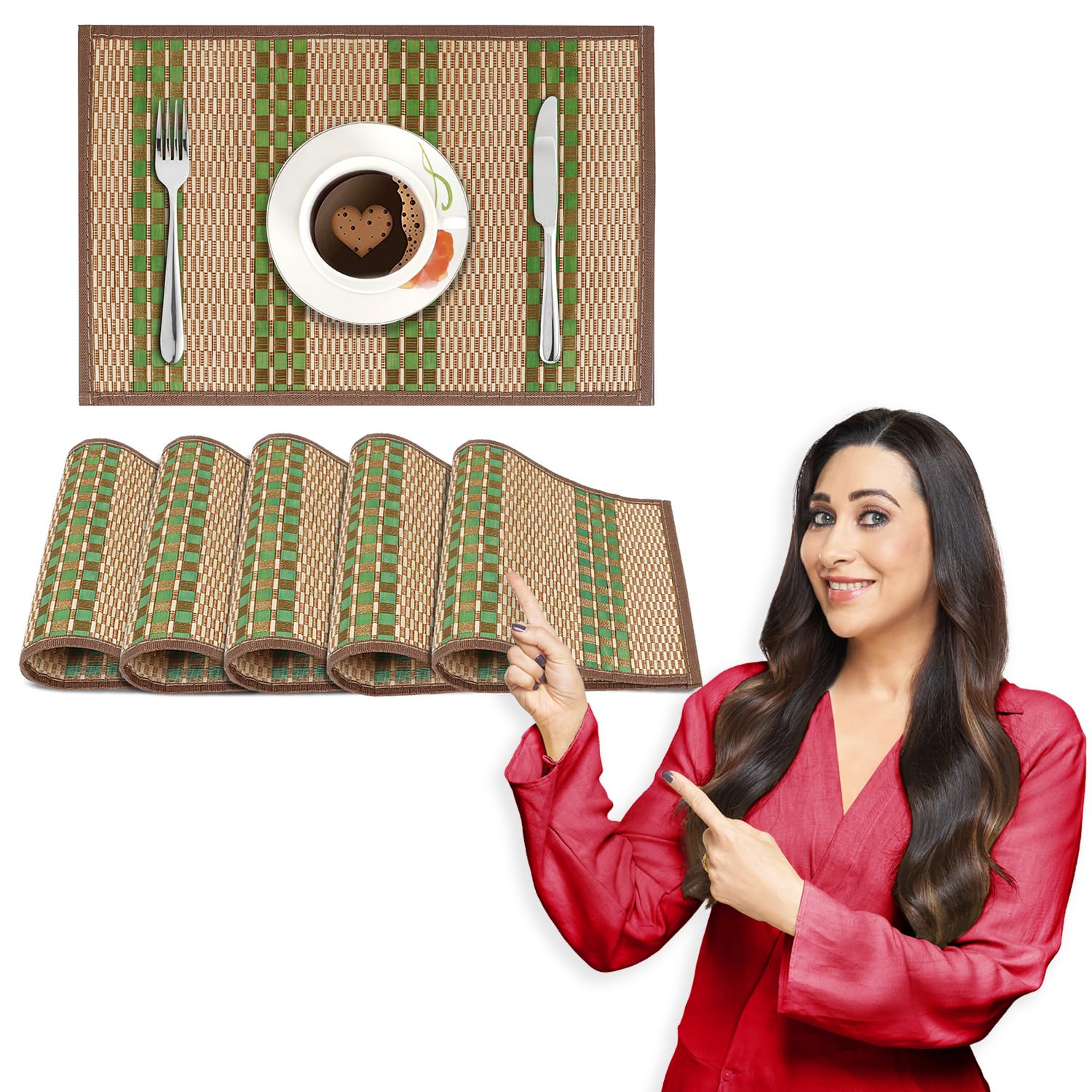 HOKIPO AR2817 Heat Resistant Wooden Placemats Set of 6 Dining Table Mats, 45x30 cm, Green