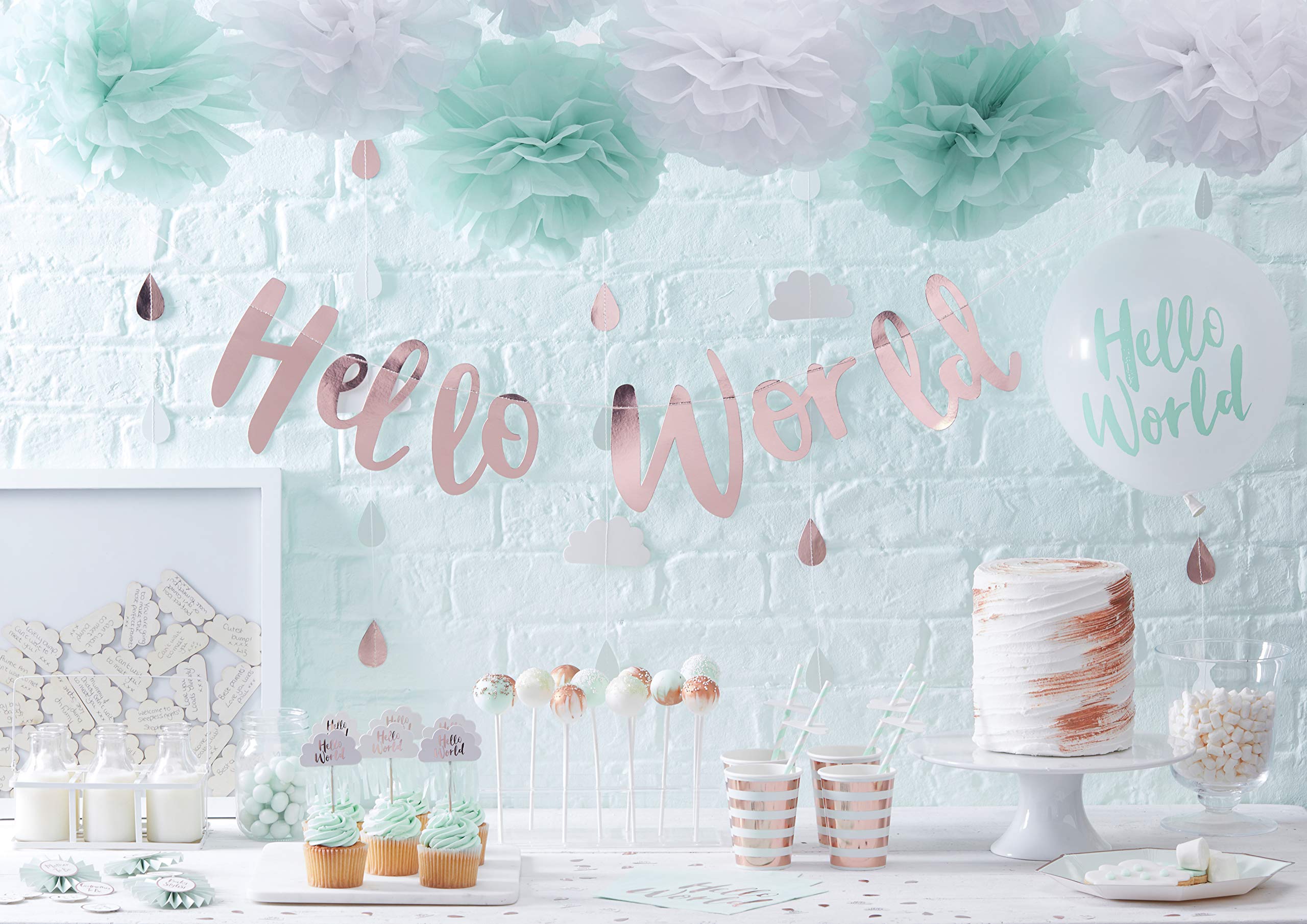 Ginger Ray Rose Gold & Clouds Backdrop Hanging Decoration Garland For Baby Showers - Hello World