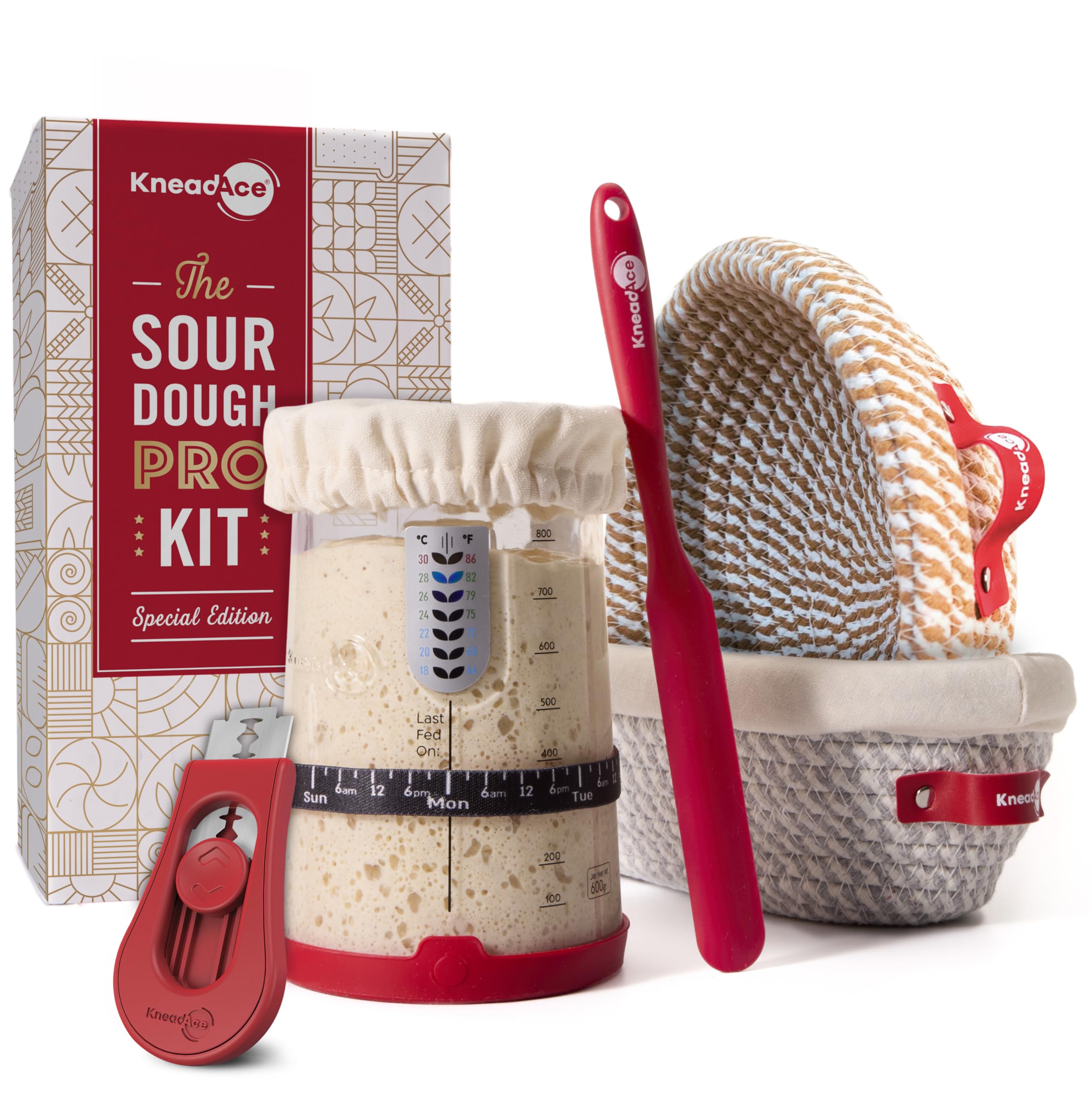 KneadAce Sourdough Starter Kit - 34oz Starter Jar, 2 Cotton Rope Banneton Proofing Baskets, Magnetic Bread Lame for Scoring - Gi