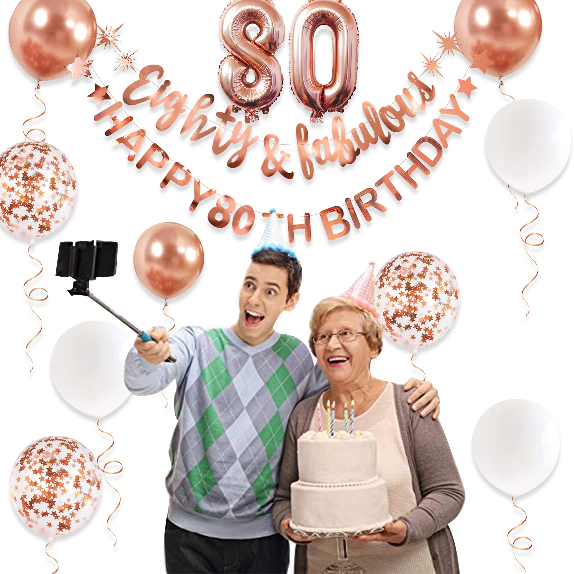 Rose Gold Eighty & Fabulous Happy 80Th Birthday Banner Garland Foil Balloon 80 For Womens 80Th Birthday Decorations Hanging 80 A