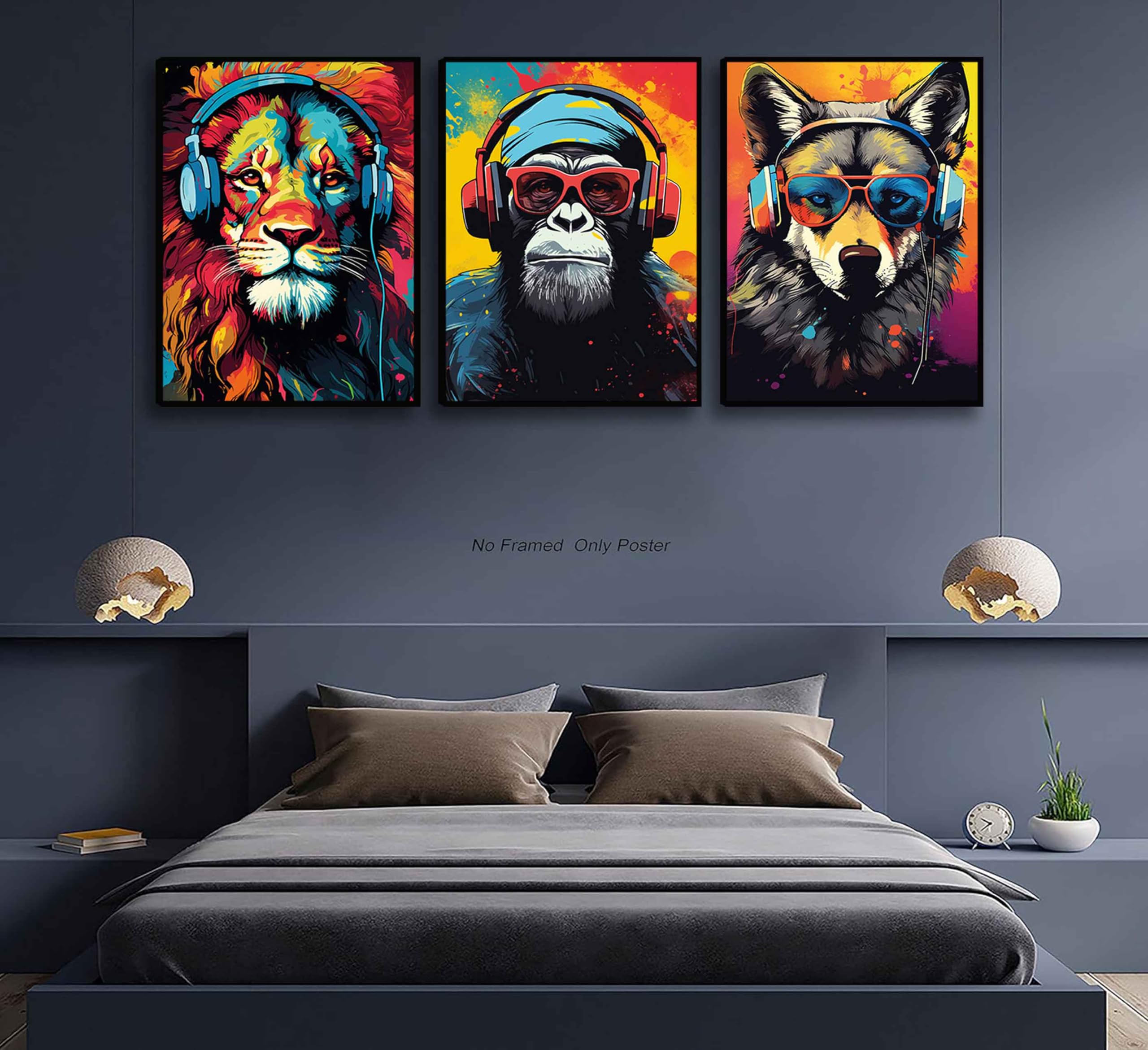 3Pcs Gaming Wall Art Animal Graffiti Posters Pictures With Headphones Sunglasses Gorilla Tiger Wolf Cool Gamer Canvas Prints Col