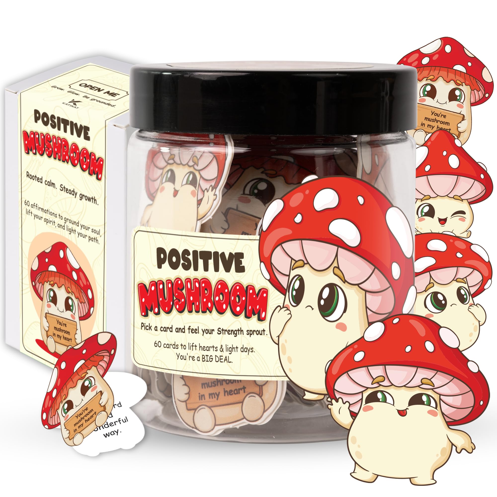 Mushroom Gifts for Women - 60 Positive Mushroom Jar, Daily Affirmation Cards For Womens, Girls - Emotional Support Mushroom - Bi