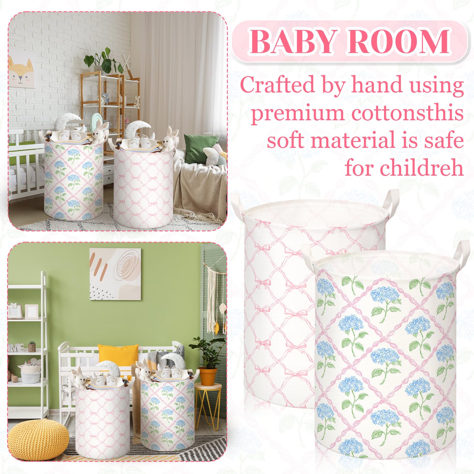 Croblissful Blue Hydrangea Laundry Basket Bow Coquette Storage Basket For Girls Nursery Hamper With Handles Foldable Waterproof