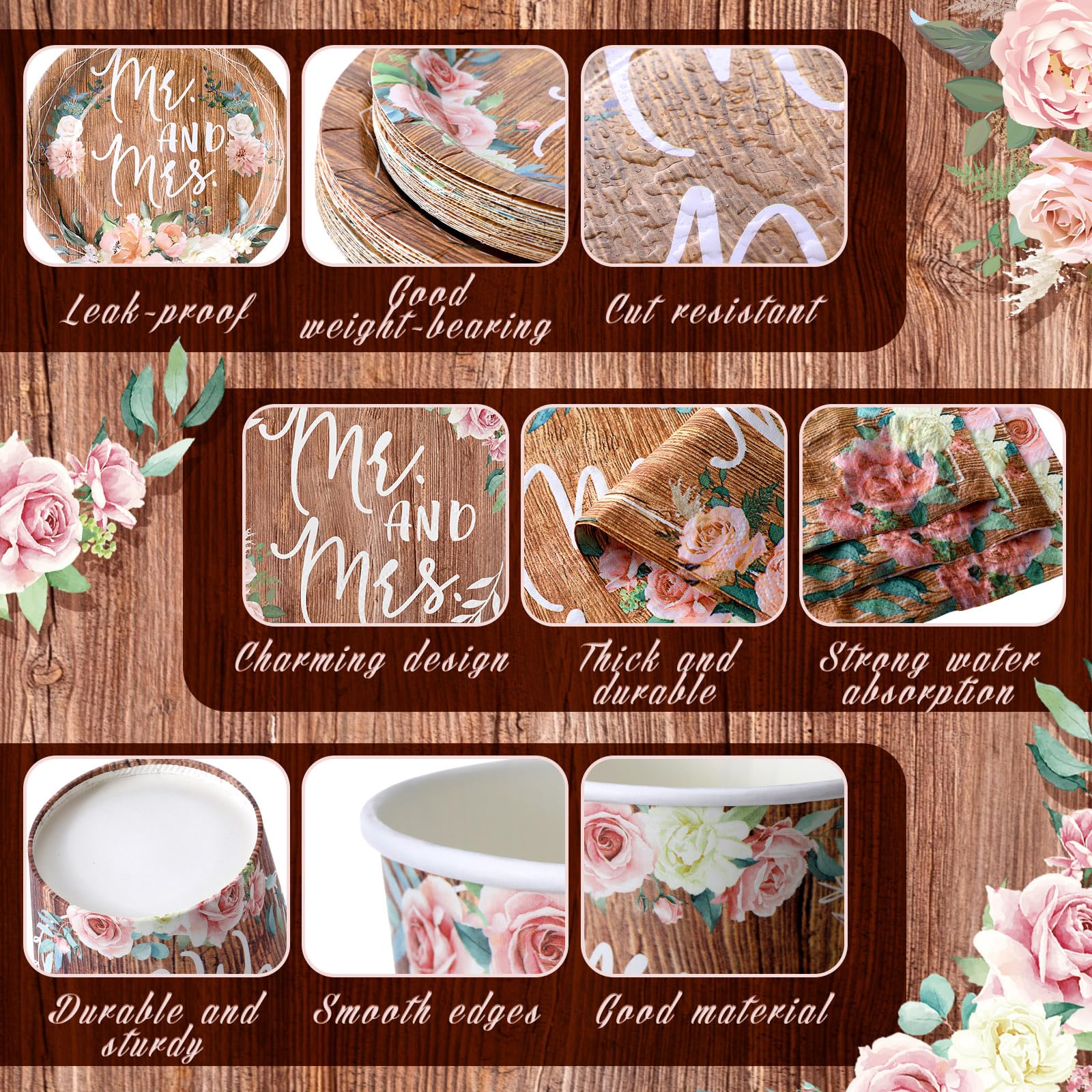 Zhehao 250 Pcs Bridal Shower Plates And Napkins Rustic Plates Mr. And Mrs. Wedding Plates Napkins Wedding Party Decorations Disp