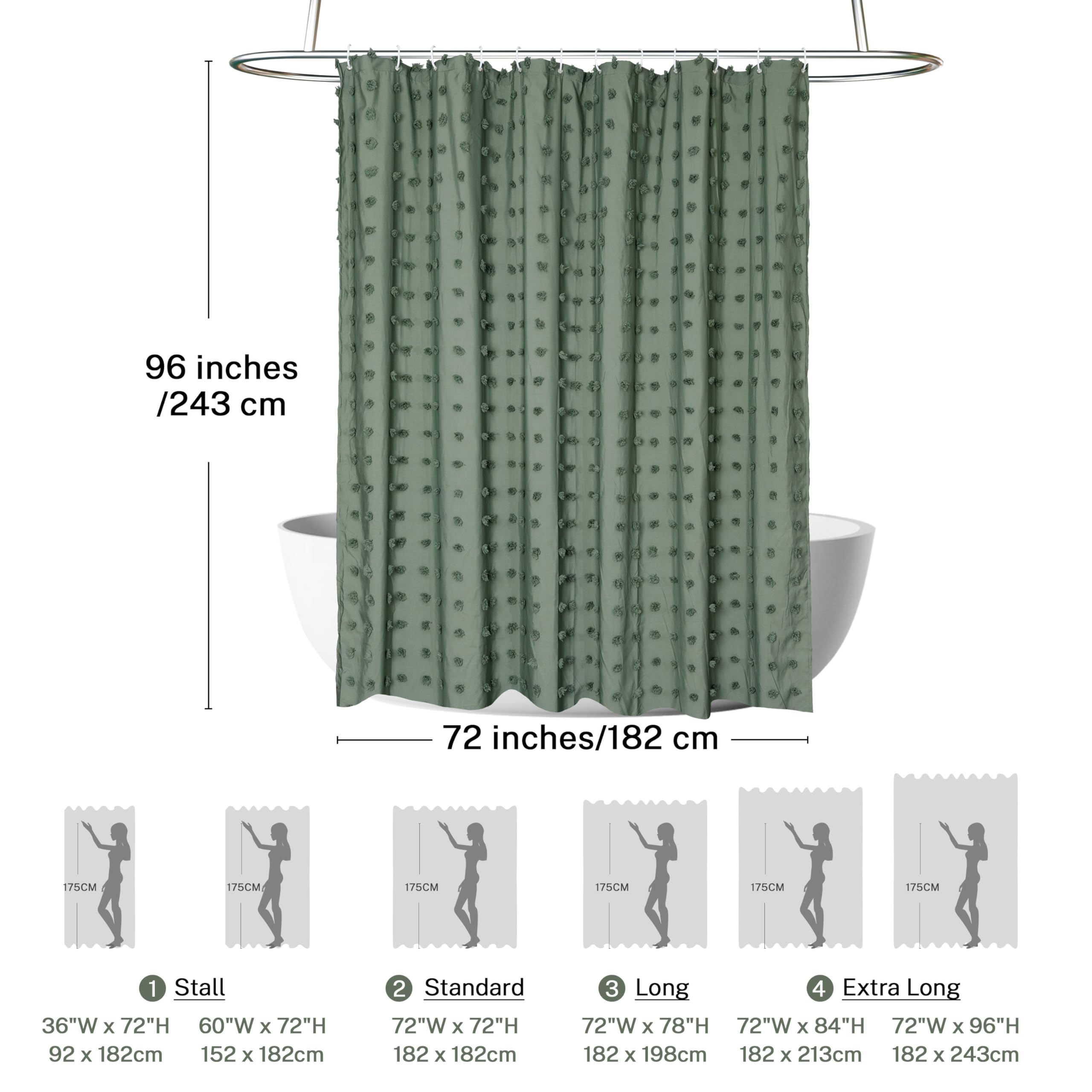 Siiluminisoy Extra Long Green Boho Shower Curtain Woven Fabric Cute Shower Curtain, 72 X 96 Tufted Pleat Floral Puffs Textured M