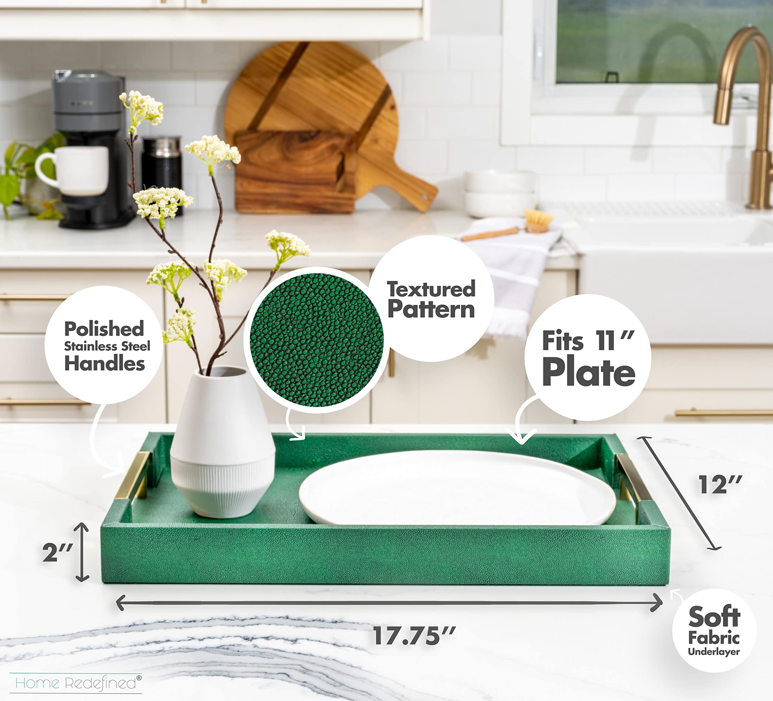 Modern Elegant 18''x12'' Rectangle Emerald Green Shagreen Decorative Ottoman Coffee Table Perfume Living Room Kitchen Serving Tray with Gold Polished Metal Handles by Home Redefined for All Occasion's