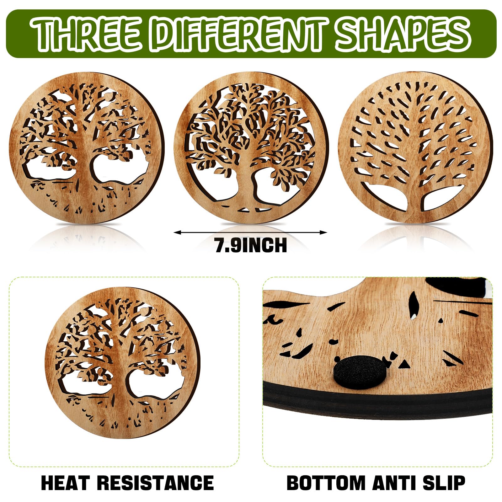 Beeveer 3 Pcs Life Tree Wooden Trivets Round Plates Hot Dishes Trivet Heat Resistant Hot Pan Holder Winter 8 Inch(Light Wood Col