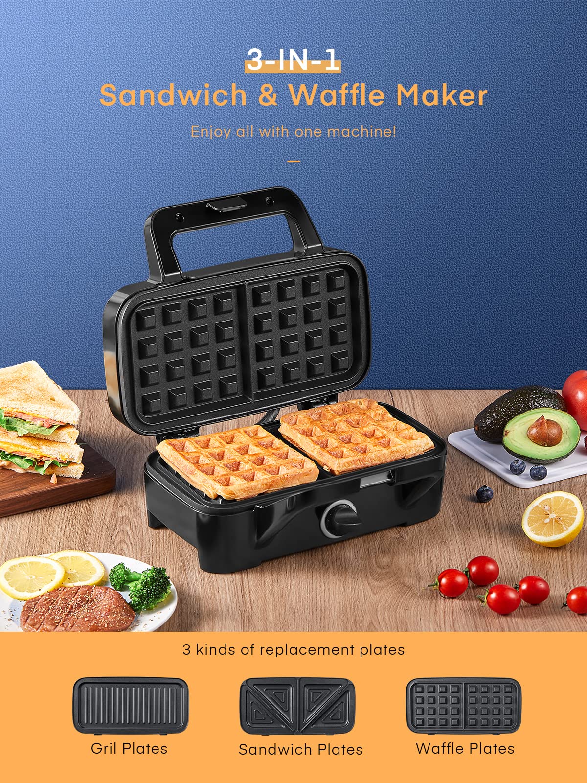 Housnat 3 In 1 Sandwich Maker, Waffle Maker With Removable Plates, 1200W Panini Press With Interchangeable Non-Stick Plates, Ind