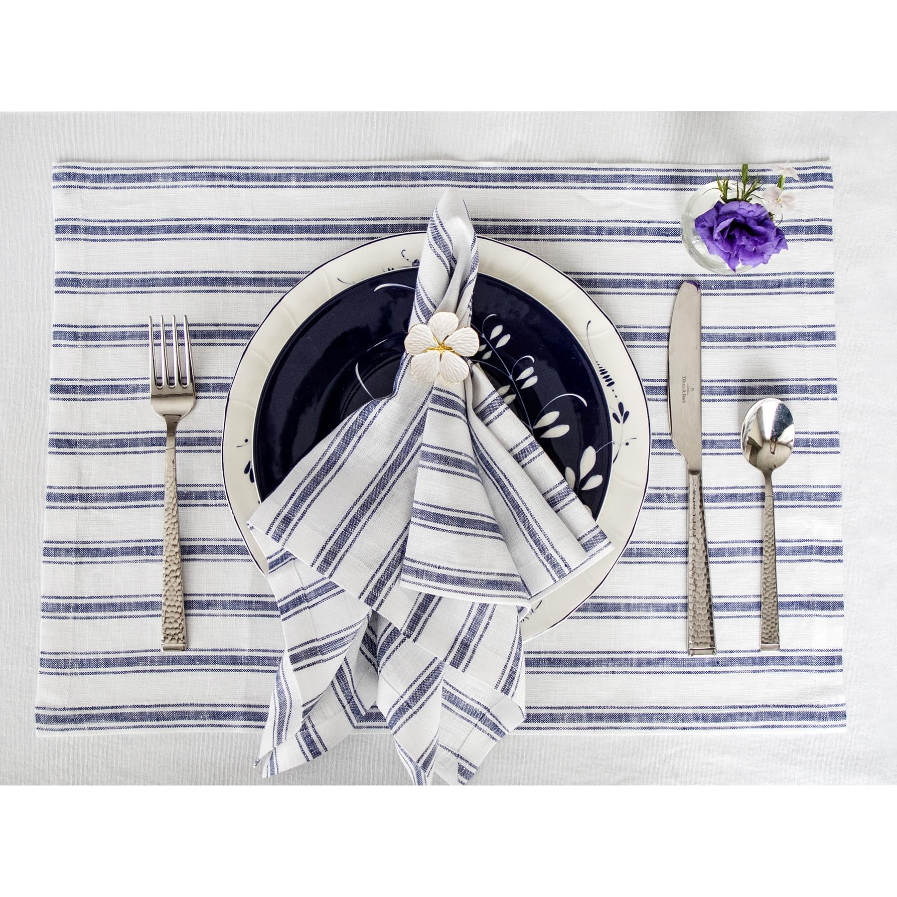 Solino Home Stripe Linen Placemats 19'' L X 14'' W Inch - 100% Pure Linen Navy And White Cloth Placemats Set Of 6 - Capri Tickin
