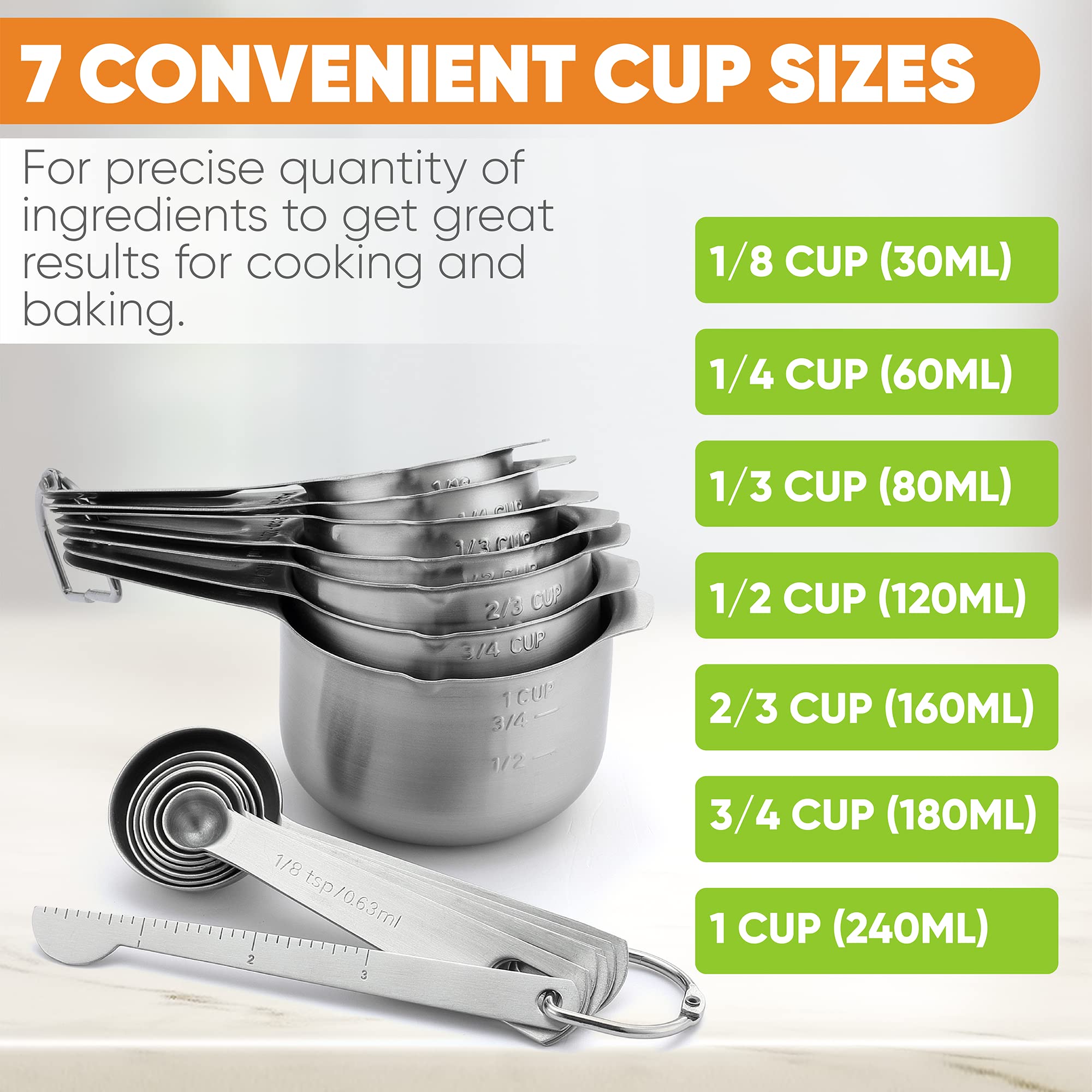 Spring Chef Stainless Steel Measuring Cups & Spoons Set of 15 - Professional Grade for Dry & Liquid Ingredients - 304 Stainless Steel