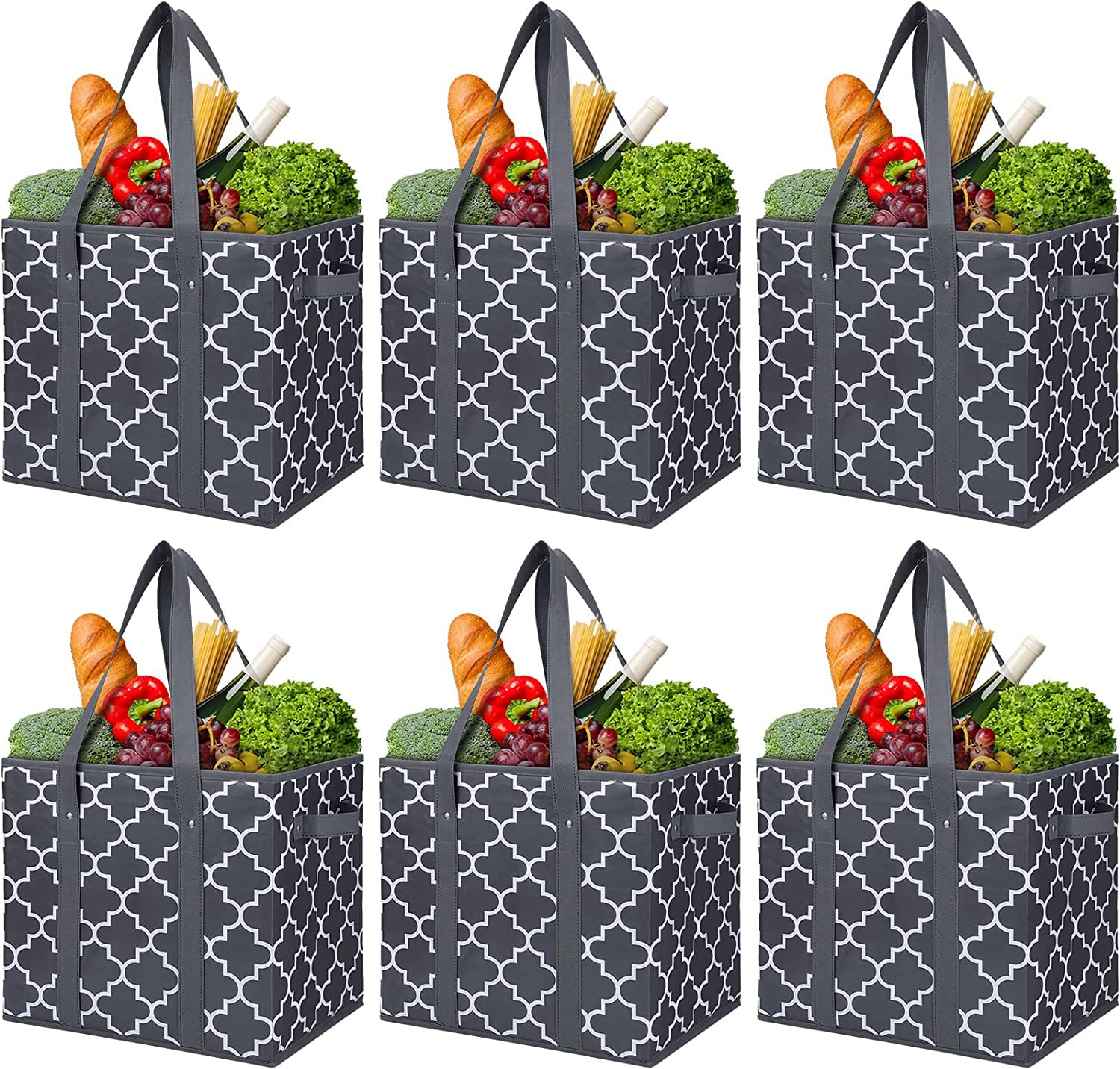 Wiselife Reusable Grocery Bags 6-Pack Foldable Washable Large Storage Bins Basket Water Resistant Shopping Tote Bag Dark Grey