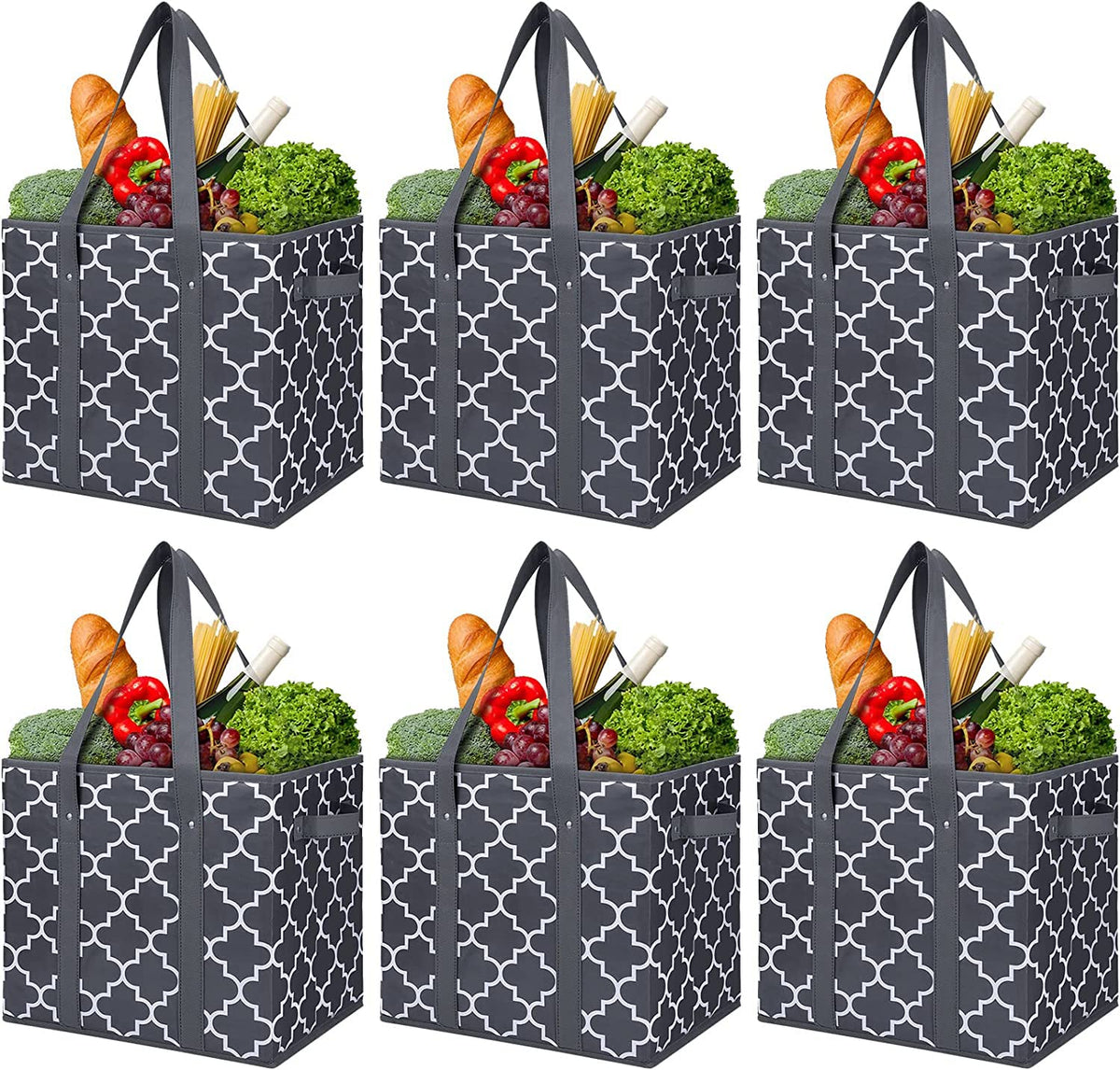 Wiselife Reusable Grocery Bags 6-Pack Foldable Washable Large Storage Bins Basket Water Resistant Shopping Tote Bag Dark Grey