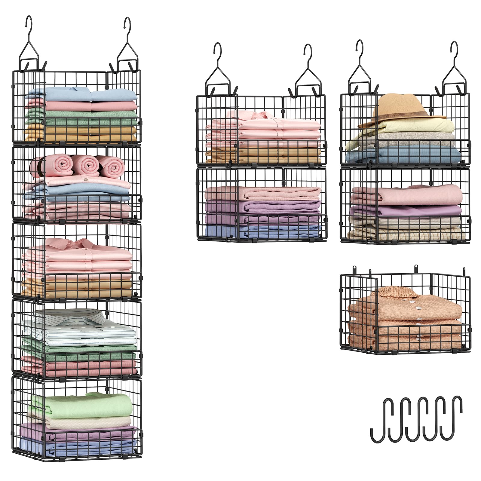 Sonyabecca 5-Tier Closet Hanging Organizer with 4 Hanging Hooks & 5 S-Hooks, Hanging Wire Baskets for Clothes, Sweaters, Shoes, 