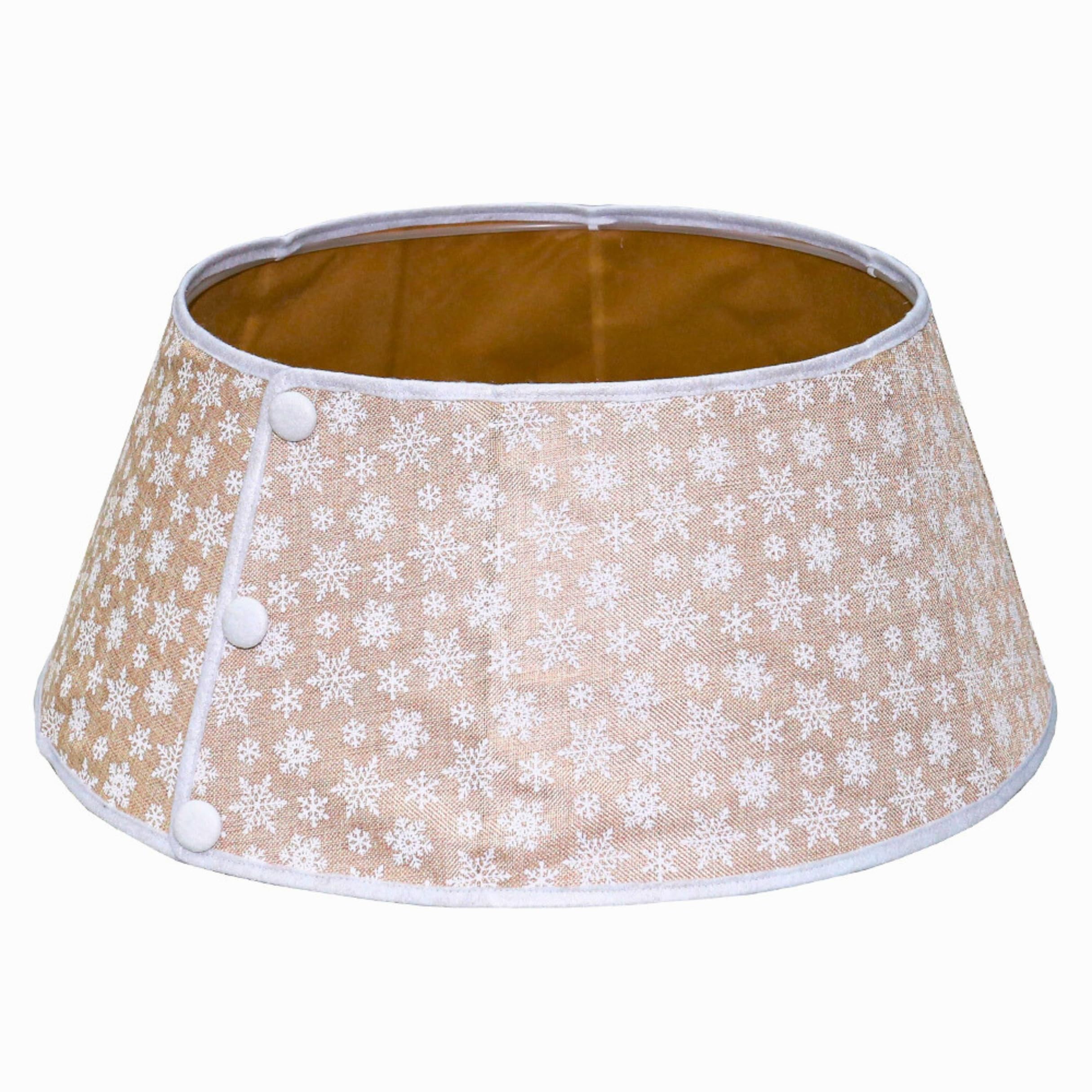 New Traditions Tan Burlap Christmas Tree Collar with White Snowflakes - 26 Diameter Fabric Stand Band for Artificial & Natural T