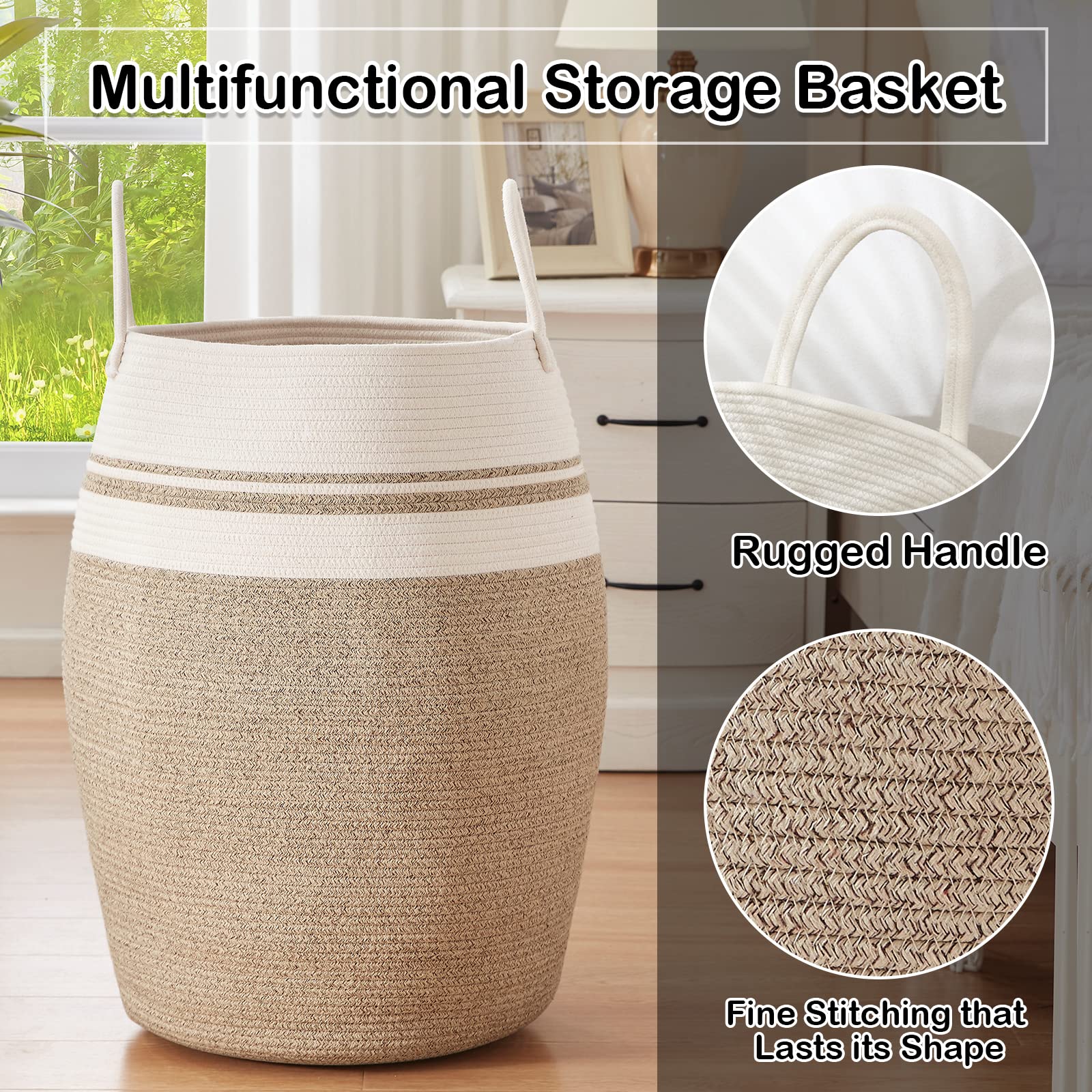 OIAHOMY Laundry Hamper Woven Cotton Rope Large Clothes Hamper 25.6'' Height Tall Laundry Basket with Extended Cotton Handles for Storage Clothes Toys in Bedroom  Bathroom  Foldable (Yellow variegated)