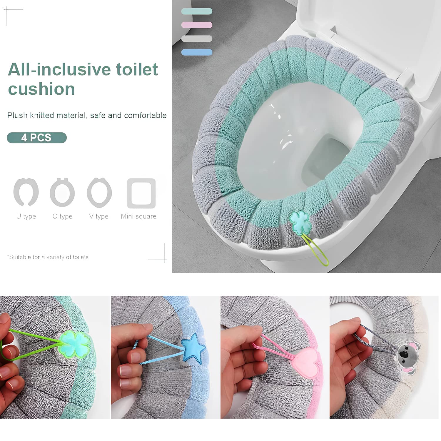 4 Pieces Toilet Seat Pad Toilet Seat Covers With Handle Soft Bathroom Toilet Lid Cover Cushion Thicker Stretchable Washable Univ