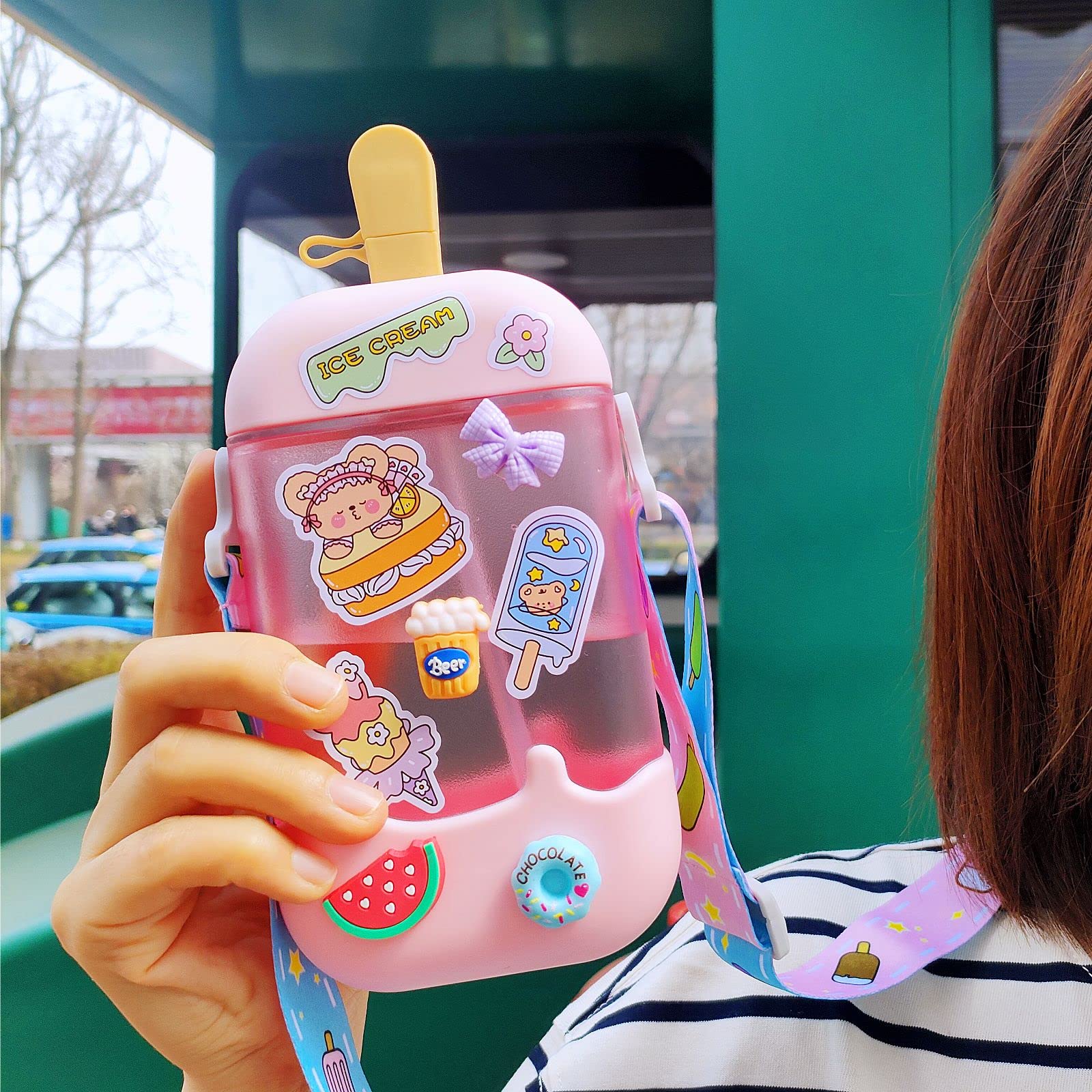 GMKD Kawaii Ice Cream Water Bottle, 14 oz BPA-Free, Pink with Straw & Adjustable Strap, Cute Popsicle Cup for Kids