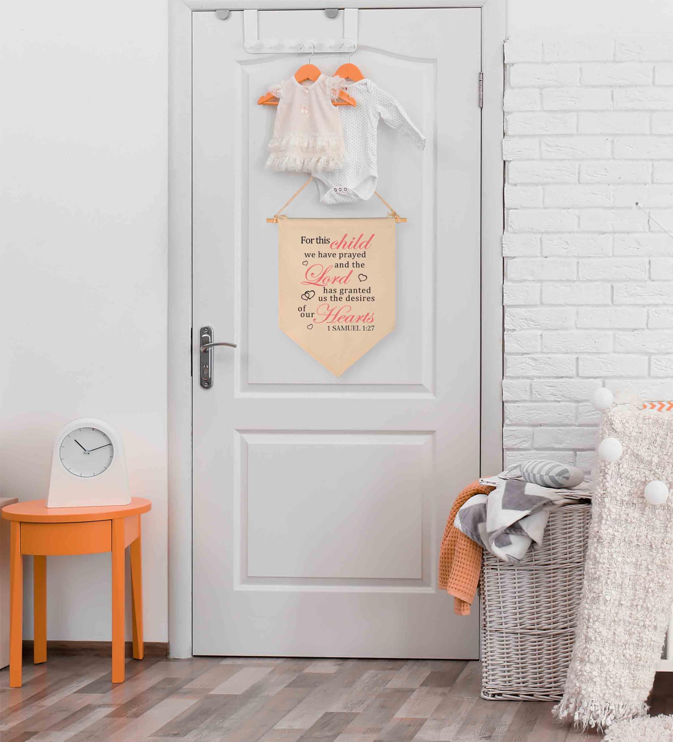 for This Child We Have Prayed -Canvas Hanging Flag Banner Wall Sign Decor Gift for Baby Kids Girl Boy Nursery Teen Room Front Door - 1 SAMUEL 1:27 - Bible Verse Religious Scripture