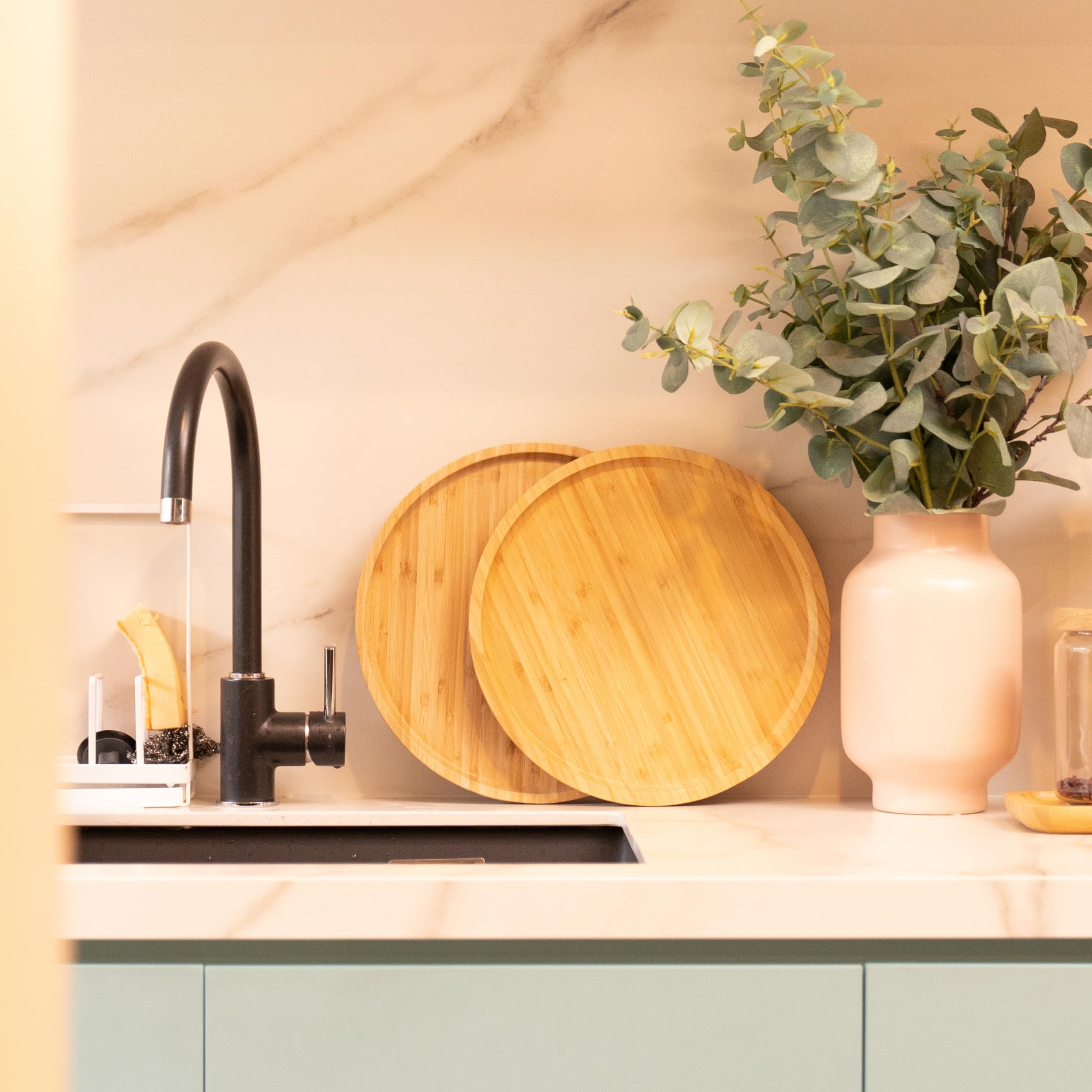 Yangqihome Bamboo Serving Platter, Round Wood Tray, Wooden Serving Tray, Fruit, Bread, Salad Plate, Round Wood Charcuterie Board