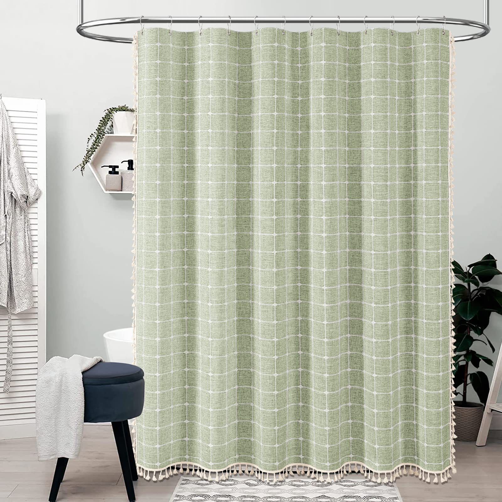 BTTN Boho Farmhouse Shower Curtain  Linen Rustic Heavy Duty Fabric Shower Curtain Set with Tassel  Water Repellent  Bohemian Vintage Country Thick Cloth Shower Curtains for Bathroom  Sage Green  72x72