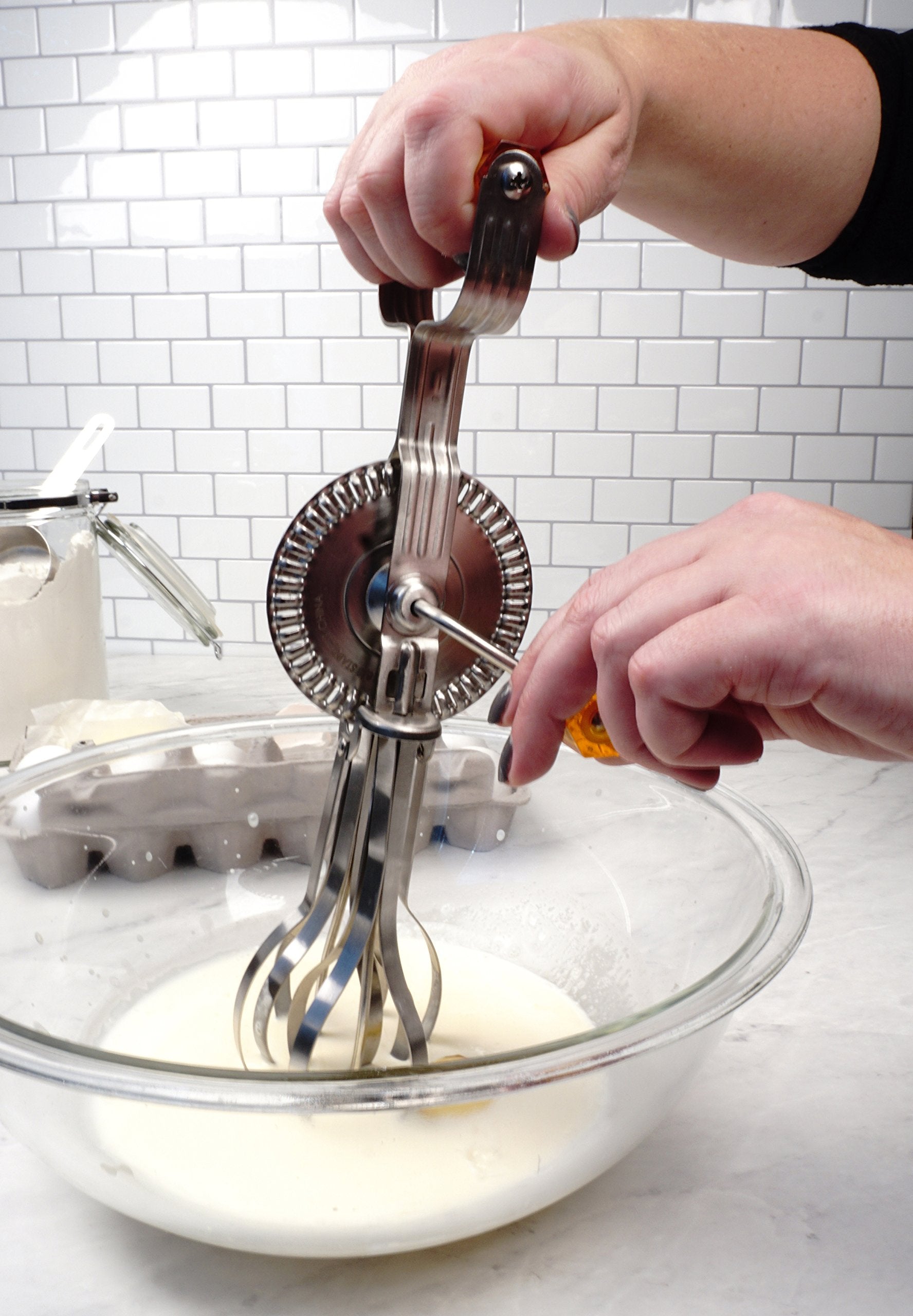 RSVP International Handheld Vintage Egg Beater, 18/8 Stainless Steel, 12.25 Inch, Red, Model 8064, Dishwasher Safe
