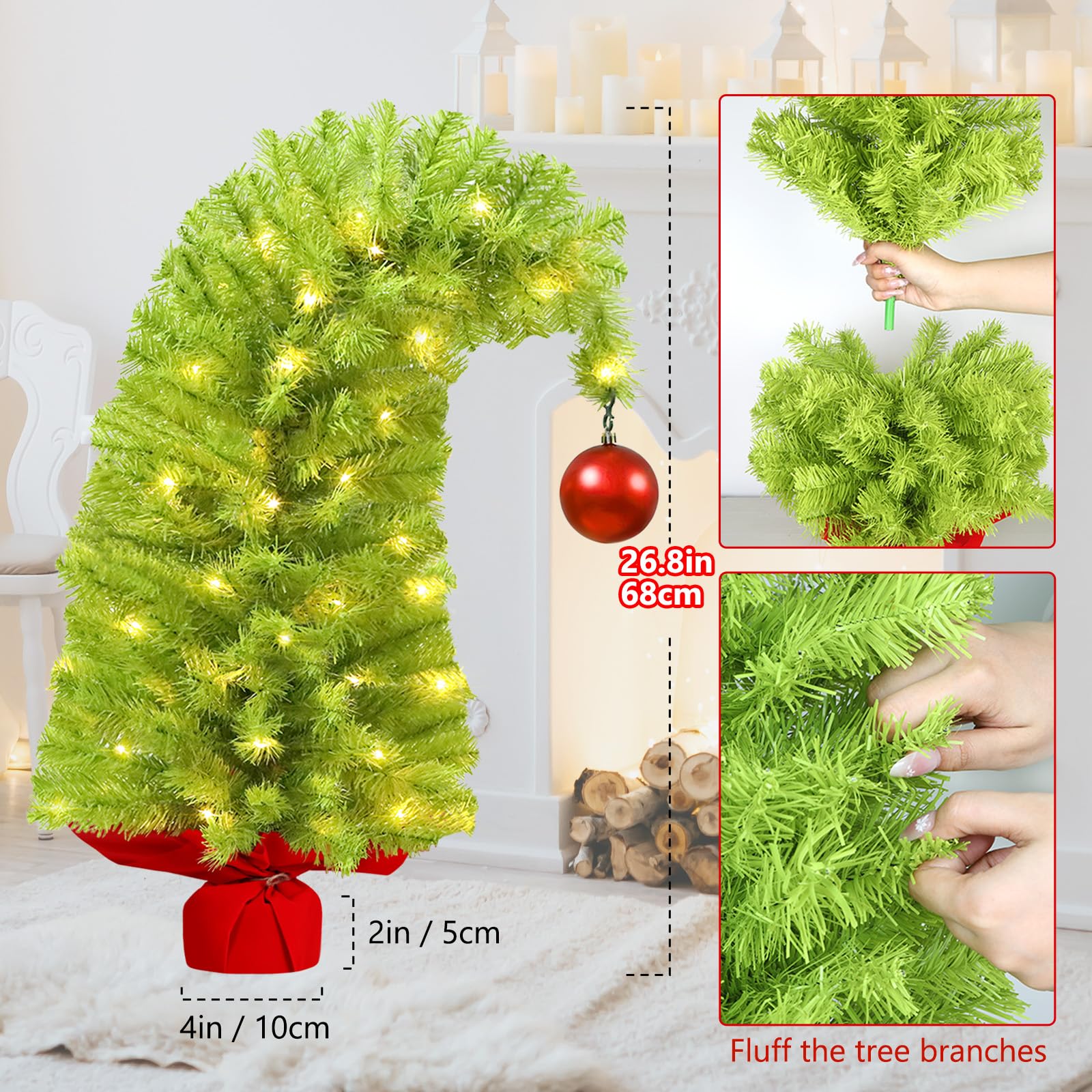 HMASYO Whimsical Small Tabletop Christmas Tree with Lights and Red Ball, 26.8 Bendable Lime Green Artificial Table Top Christmas