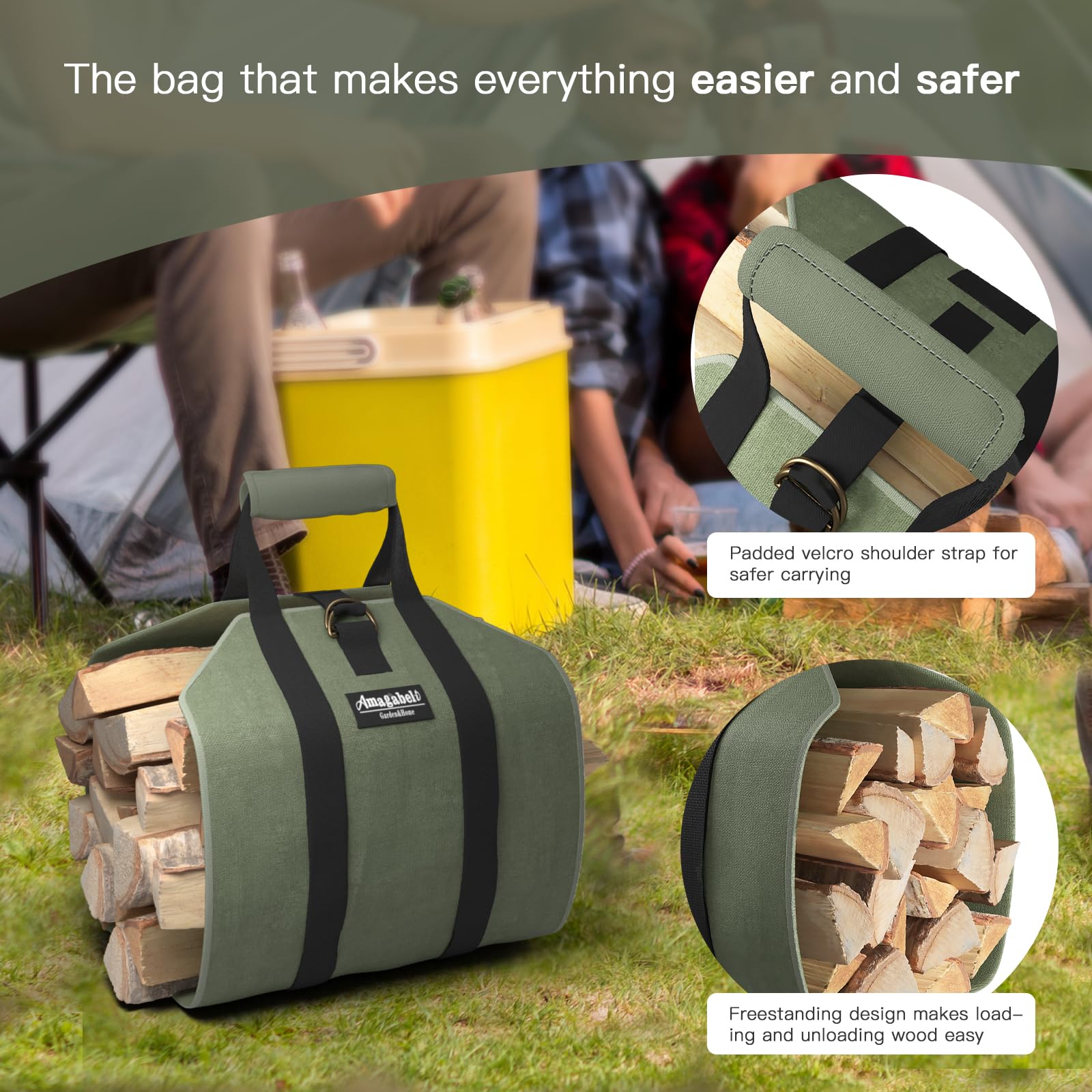 Amagabeli Firewood Carrier Bag Canvas Waxed Large Firewood Log Tote Carrying Indoor Bag Firewood Storage Tote Fire Place Log Hol