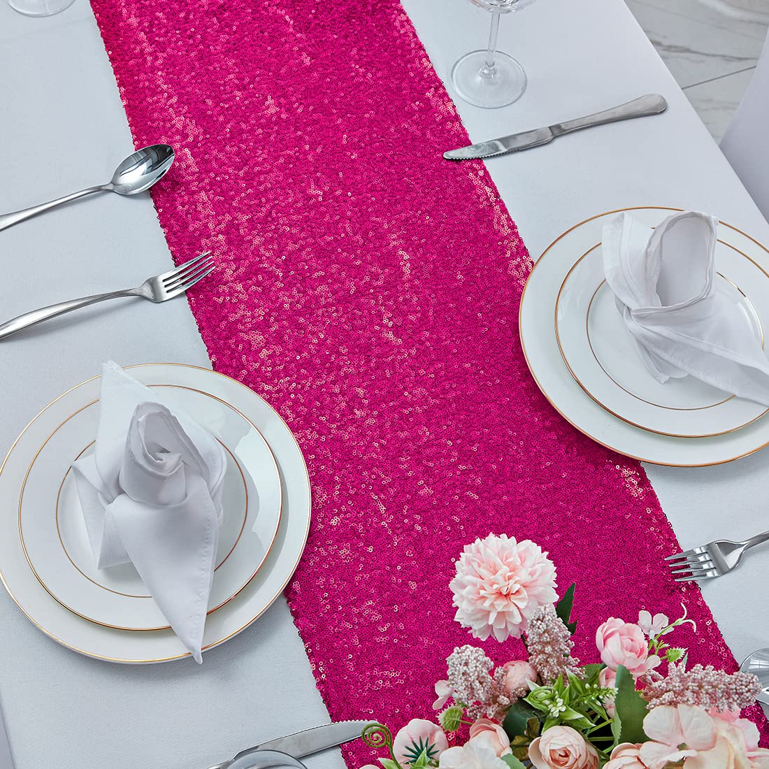 6 Packs 12 X 72 Inches Hot Pink Sequin Table Runner, Glitter Fuchsia Runner For Birthday Party Supplies Decorations Wedding Bach