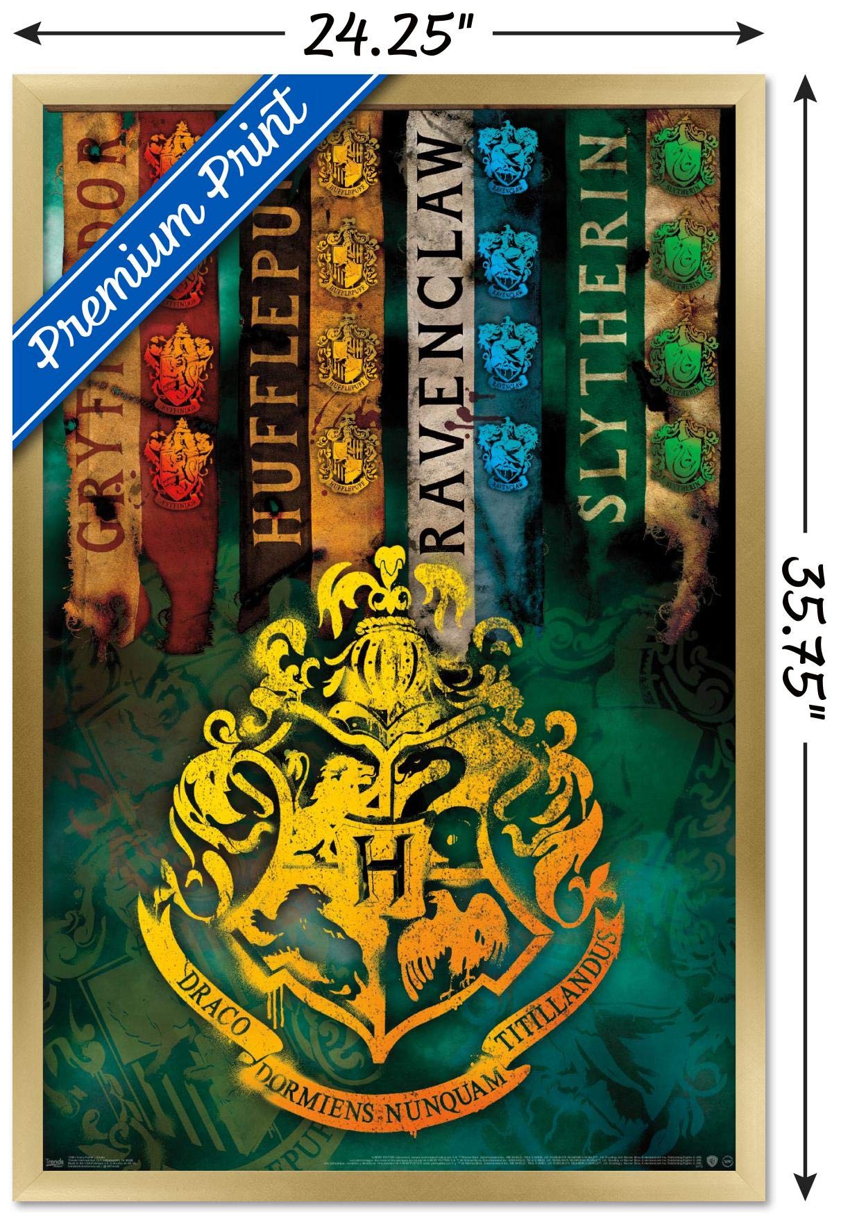 Trends International The Wizarding World: Harry Potter - House Crests Wall Poster, 22.375'' X 34'', Gold Framed Version