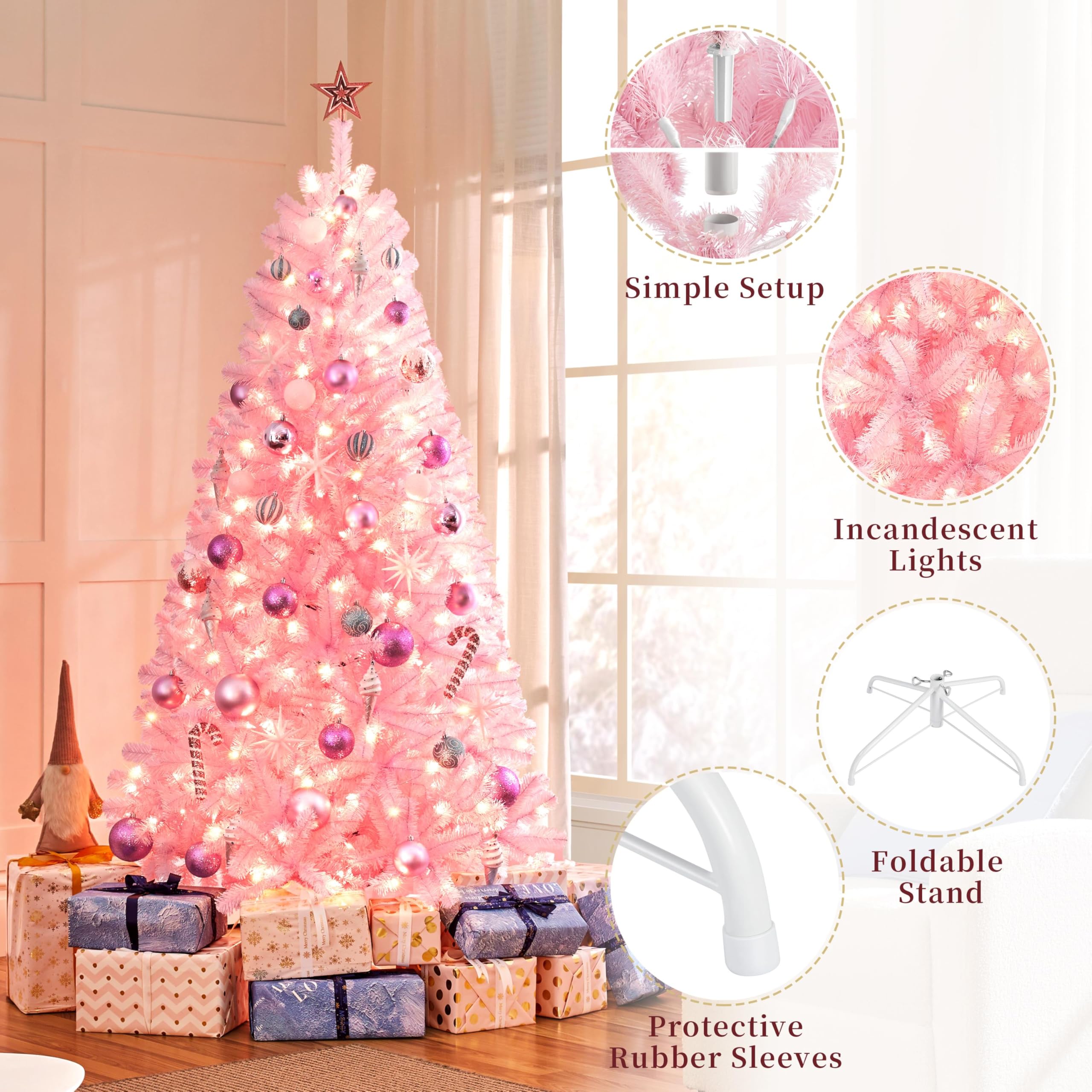 Yaheetech 6ft Pre-lit Artificial Hinged Christmas Tree Prelighted Full Holiday Xmas Tree for Home Party Decoration with 300 Warm