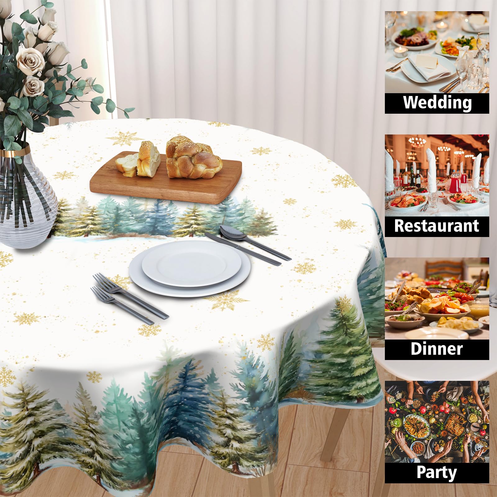 ABSOP Christmas Round Tablecloth 60 Inch Xmas Tree and Snowflake Pattern White Table Cloth Circle Winter Holiday Table Cover Was