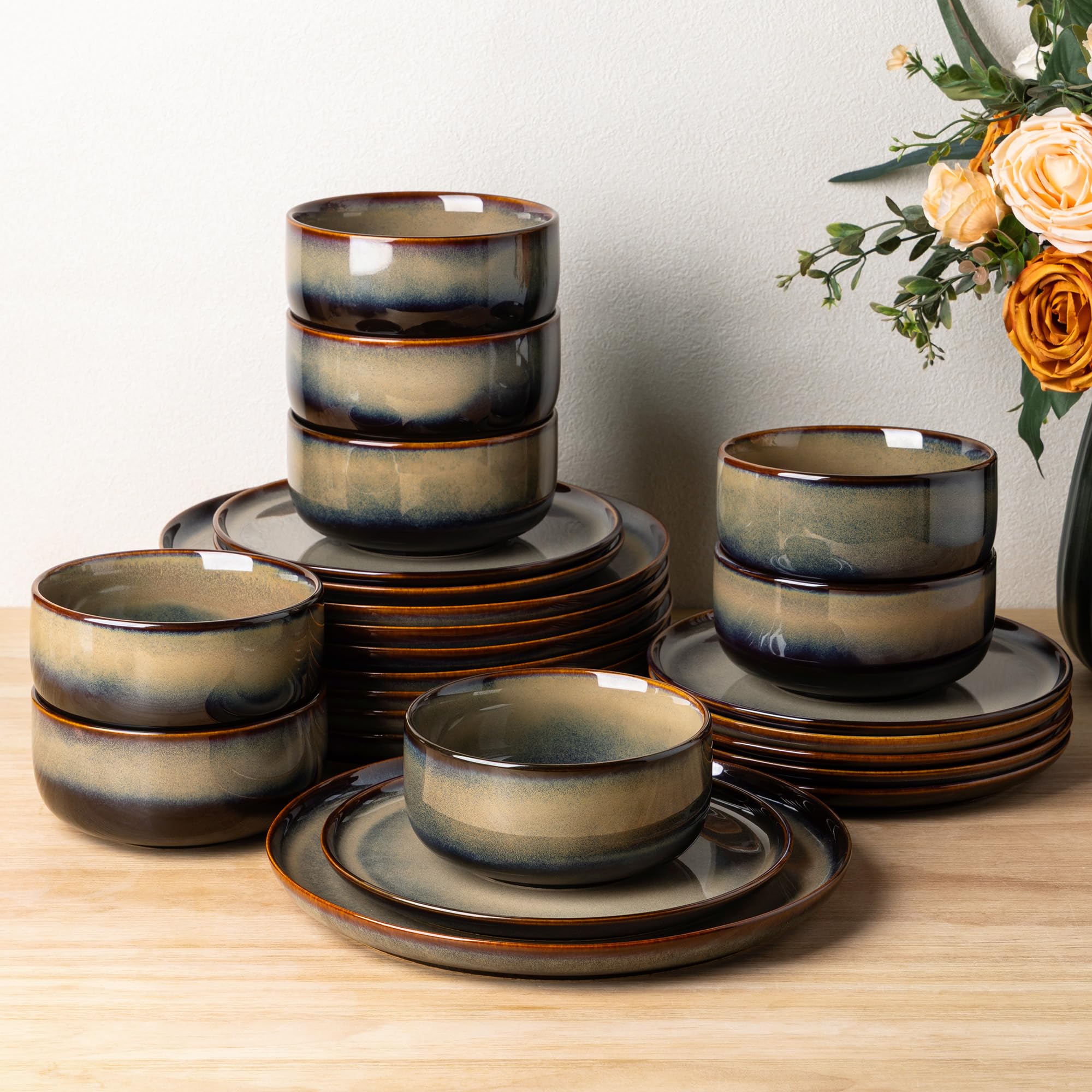 TheTerra Ceramic Dinnerware Sets for 8, 24 Pieces Handmade Reactive Glaze Plates and Bowls Set, Scratch Resistant Dish Set, Oven