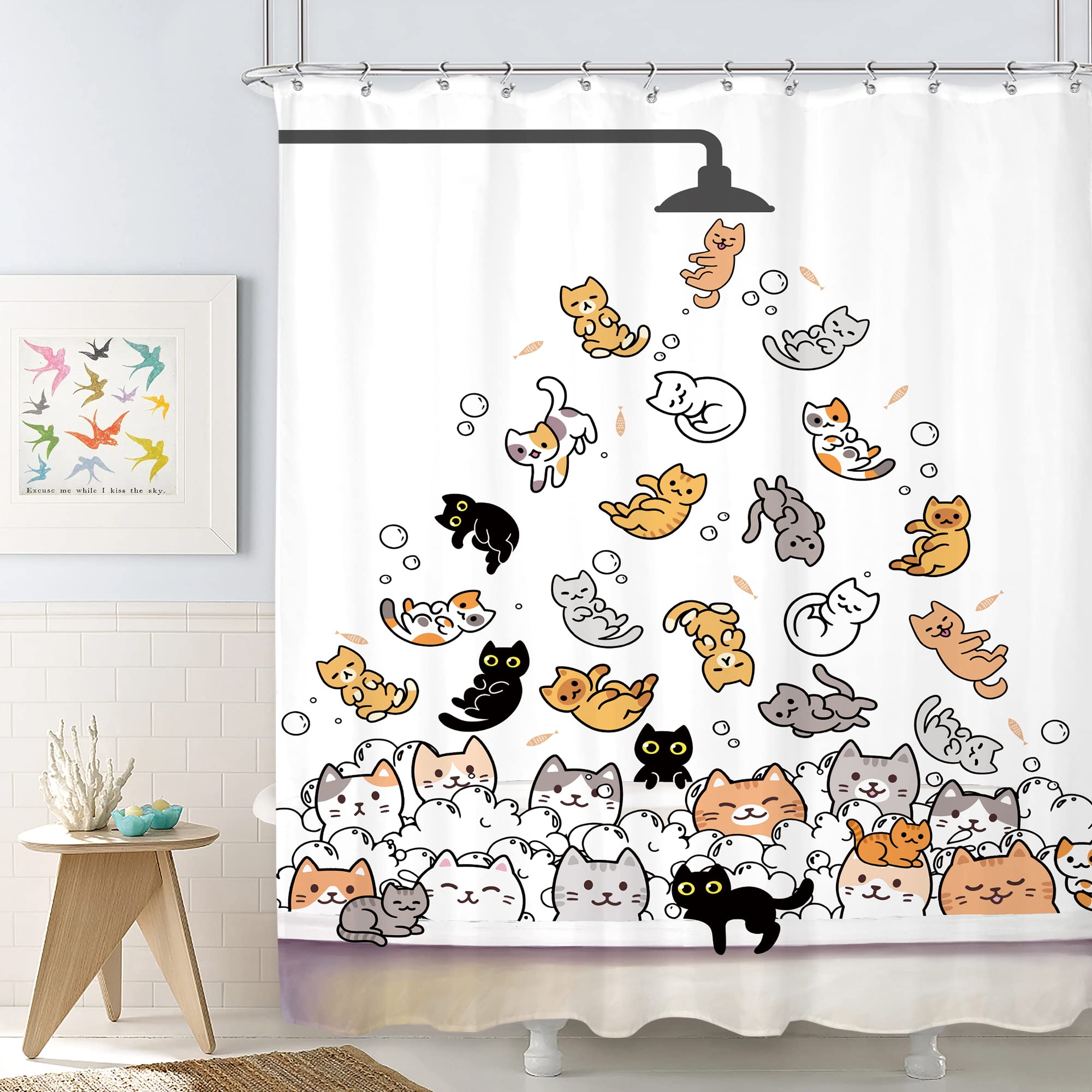 Svbright Cute Cat Shower Curtain 60Wx72L Inch Kids Cartoon Funny Kitty Animal Hilarious Lovely Pets Paw Print Boys Girls Newborn