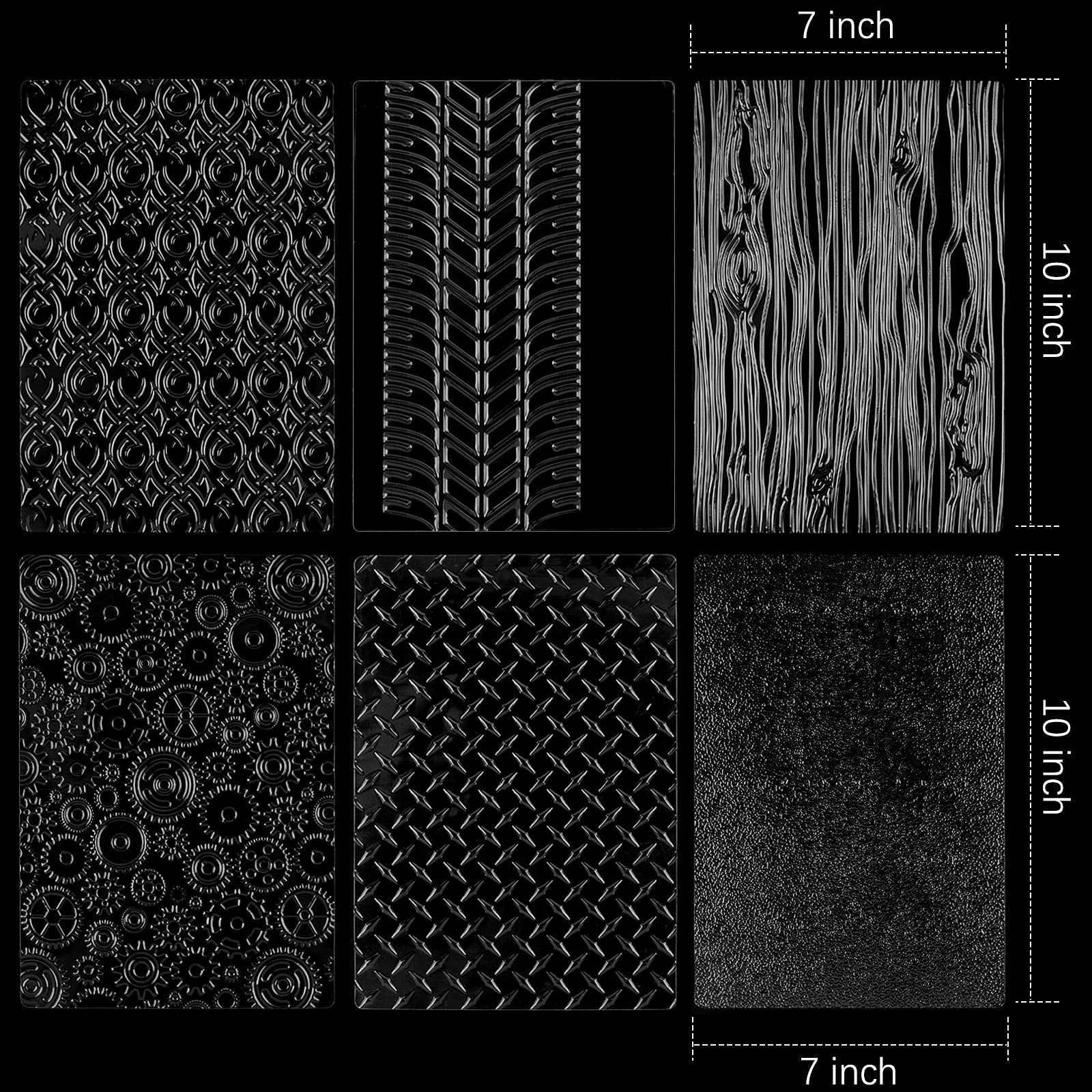 Ocmoiy 6 Pack Fondant Mats Impression Tire Tread/Steel Plate/Steampunk Gears/Wood Grain Texture Mat for Polymer Clay  Chocolate  Fondant Cake Decoration
