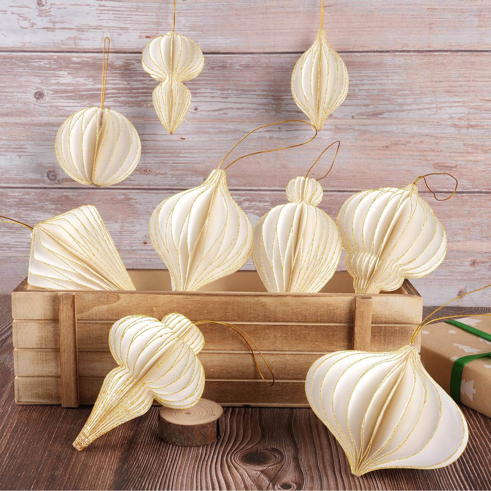 12 Pcs Christmas Paper Honeycomb Ornaments for Tree, 3D Glitter Edge Paper Honeycomb Lanterns Foldable Hanging Decorations for X