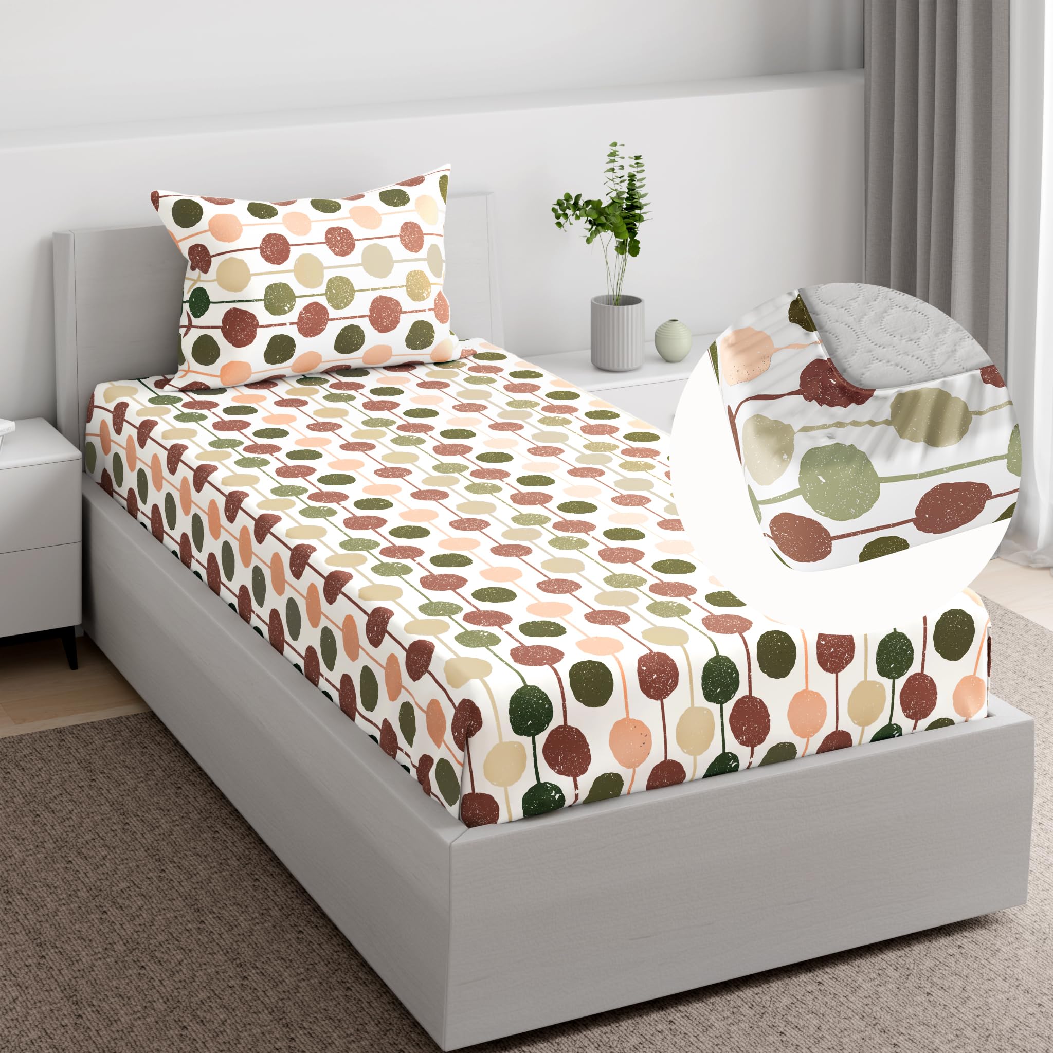Wakefit Essentials 100% Cotton Super Soft Fitted Bedsheet With 1 Pillow Cover | Kesia Single, 72 X 42, Kesia | 1.83M X 107Cm