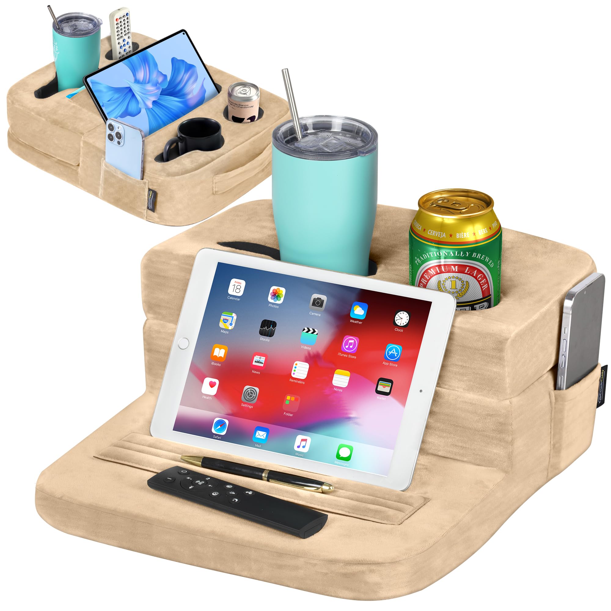 Tabcouchcaddy - Couch Cup Holder Tray Pillow - Bed, Couch Caddy, Sofa, Rv & Car - Holds Drinks, Snacks, Remotes, Phones, Kindle,