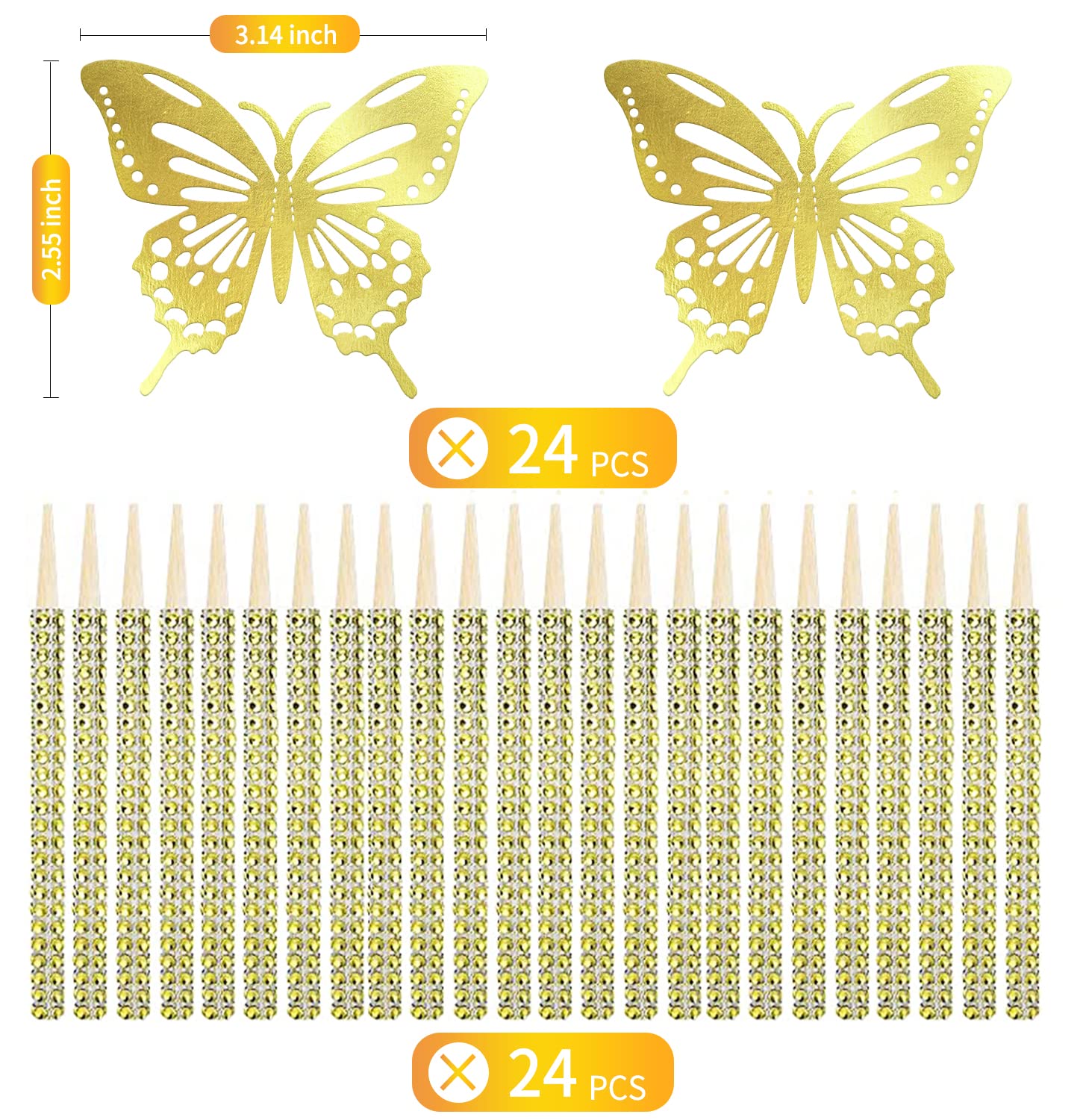 24 Pcs Bling Candy Apple Sticks With Butterfly Stickers, Caramel Apple Bamboo Wooden Pointed Skewers With Rhinestones Diamond Me