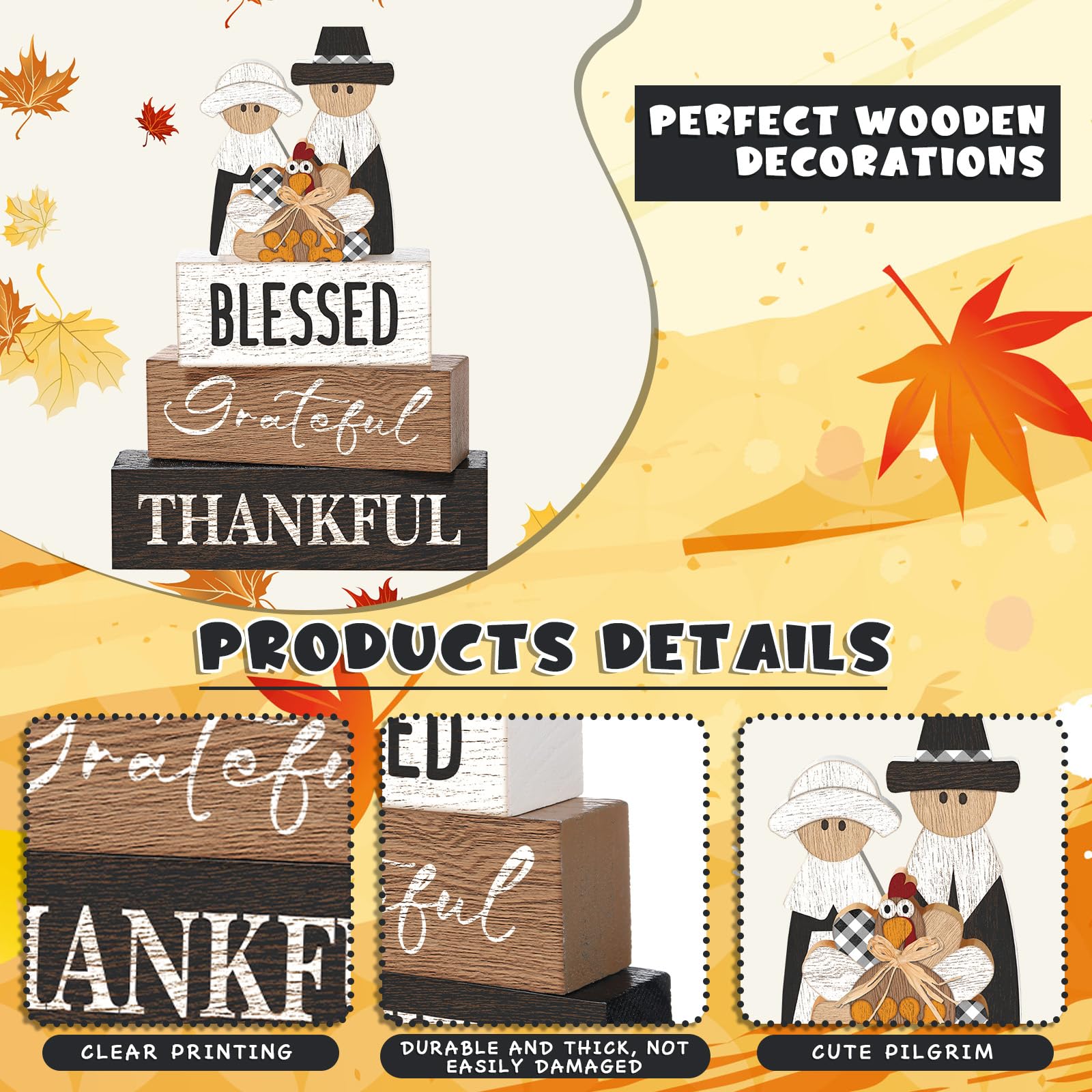 4 Pcs Thanksgiving Table Decor for Home Pilgrim Couple Wooden Signs with Blessed Thanksgiving Autumn Tiered Tray Decor Turkey Ta